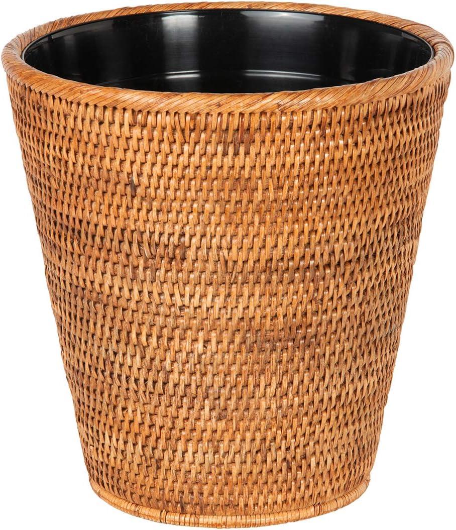 Honey Brown Rattan Wastebasket with Plastic Insert