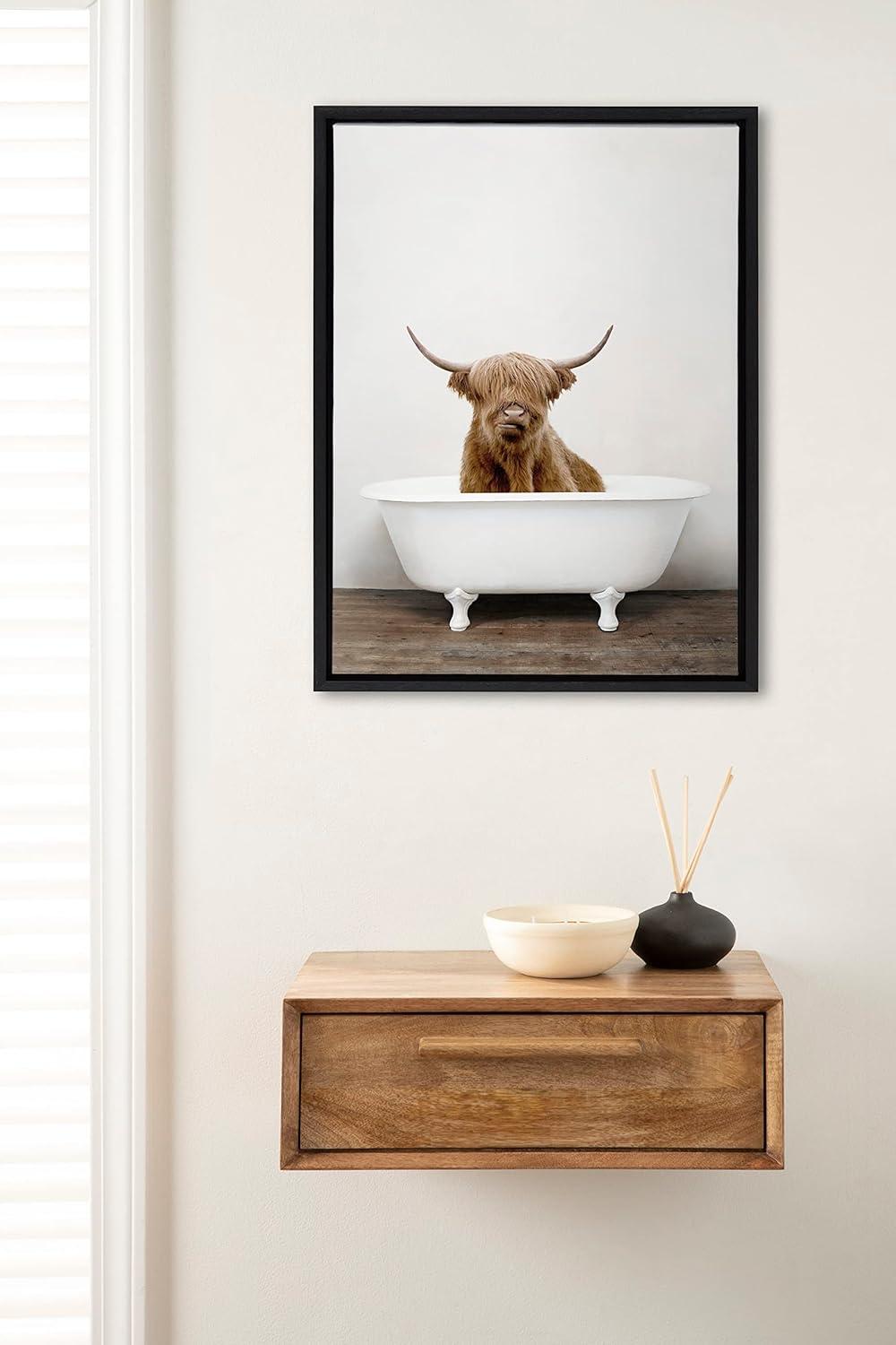 18" x 24" Sylvie Highland Cow in Tub Framed Canvas by Amy Peterson - Kate & Laurel All Things Decor: Wall Hanging Artwork