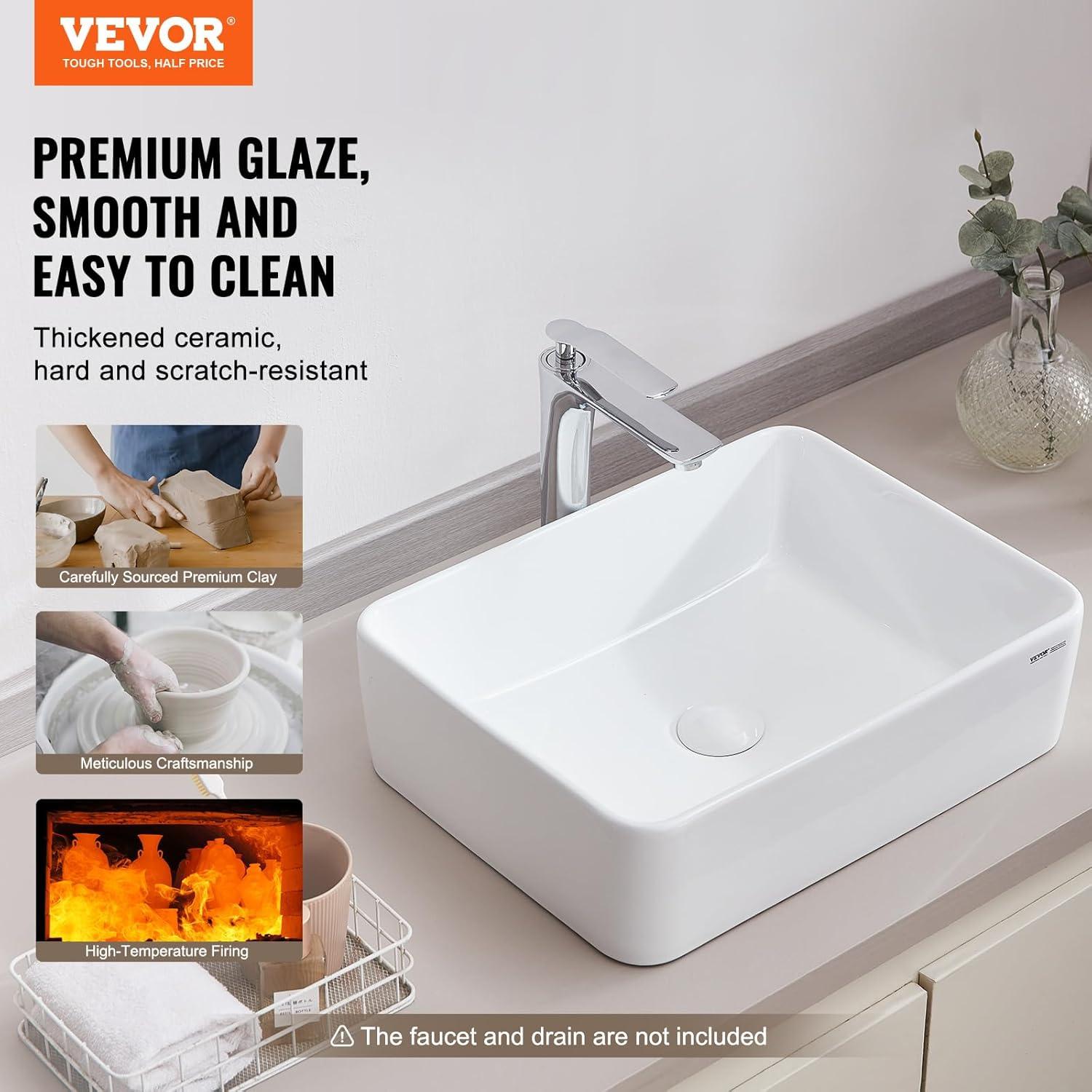 White Ceramic Rectangular Above-Counter Vessel Sink