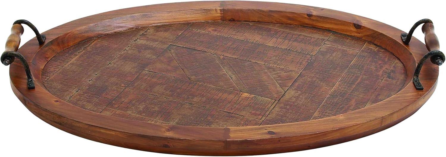 DecMode 29" x 19" Brown Wood Large Oval Tray with Scroll Metal Handles, 1-Piece