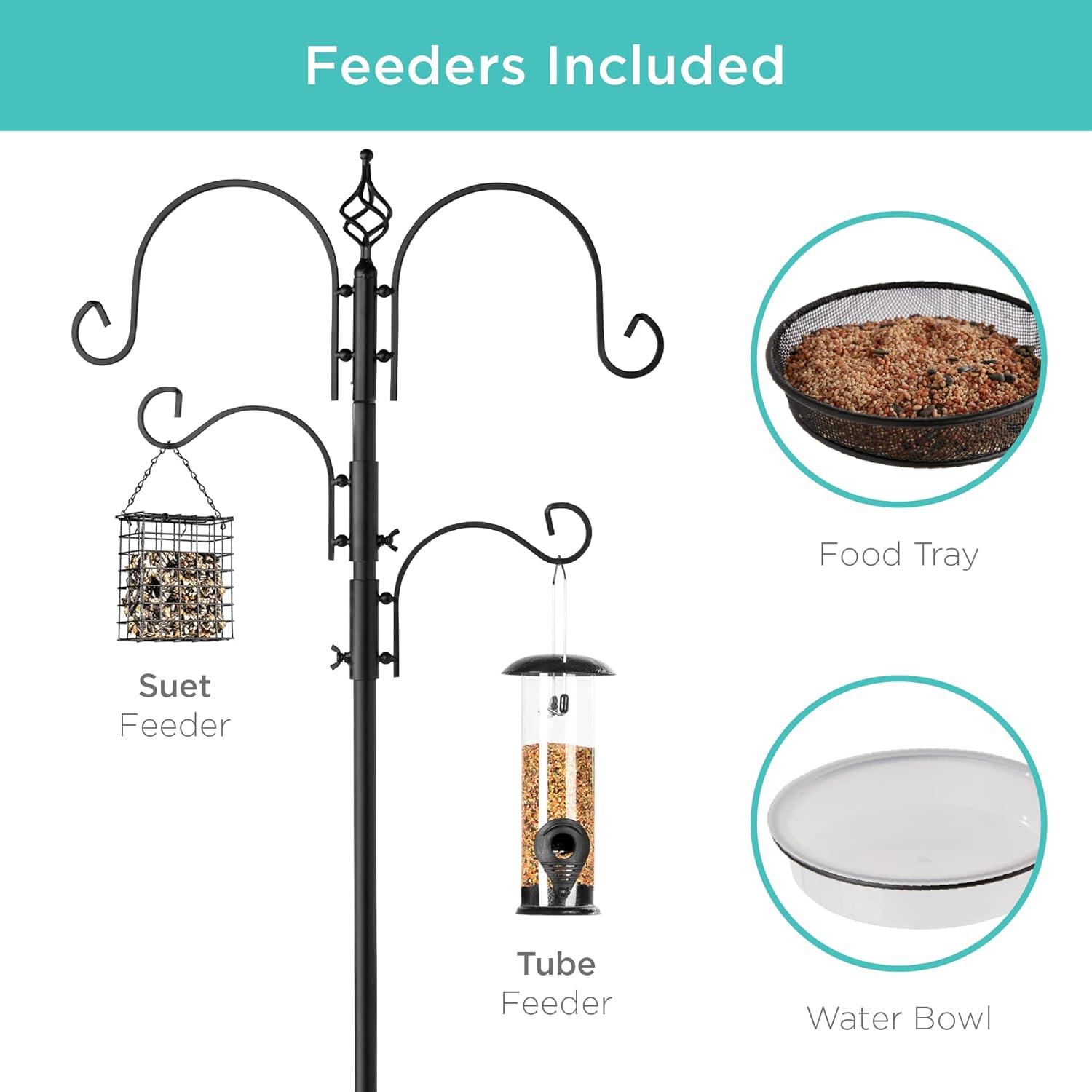 Yajaira 91in 4-Hook Bird Feeding Station, Steel Multi-Feeder Stand w/ 2 Feeders, Tray, Bird Bath