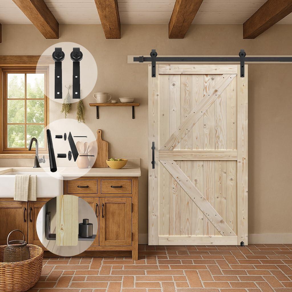 S&Z TOPHAND S&Z TOPHAND Unfinished British Brace Knotty Barn Door with Sliding Door Hardware Kit/Solid Wood/Sliding Door/Double Surfaces/A Simple Assembly is Required