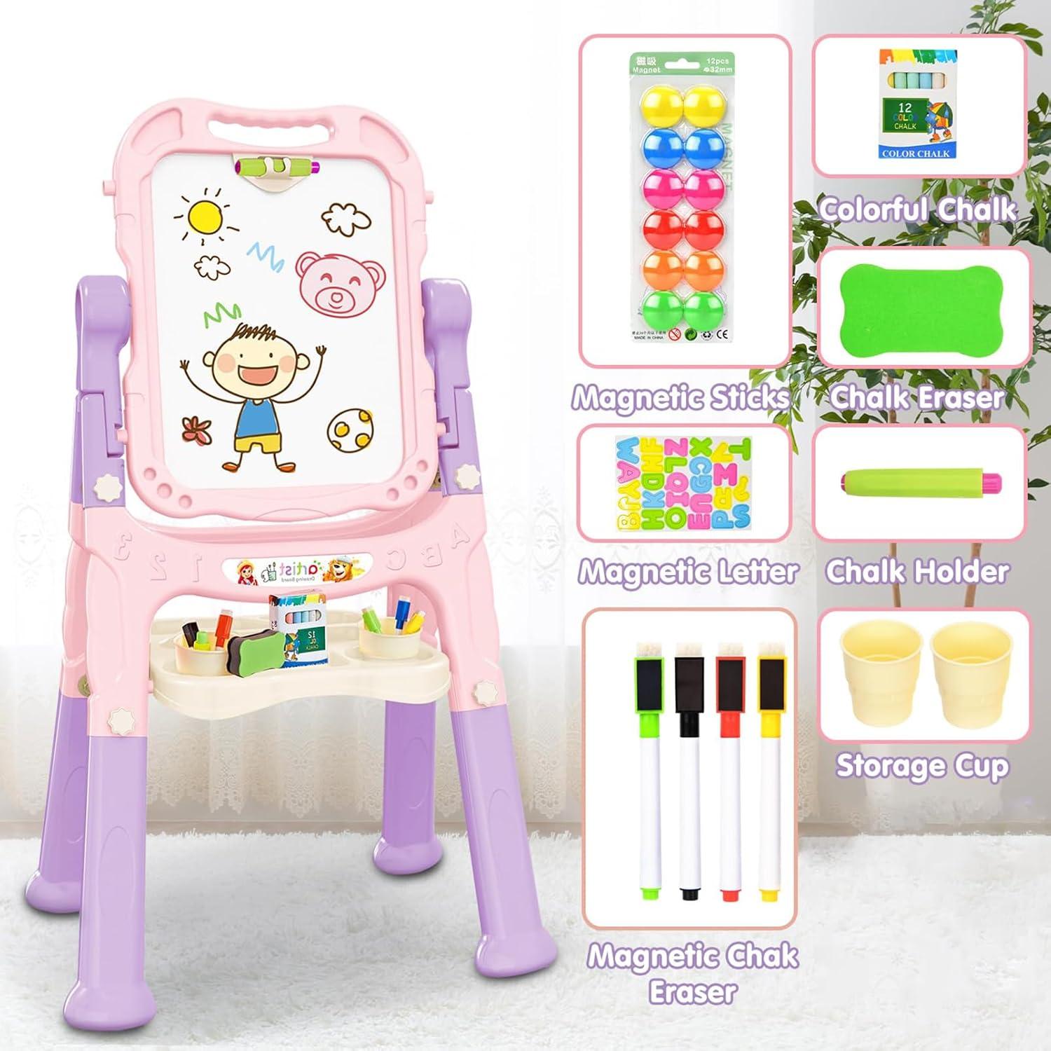 Easel for Kids, Adjustable Standing Art Easel for Toddler, Double Magnetic Drawing Board with Painting Accessories, Birthday Christmas Gift for Little Boys and Girls,  Pink