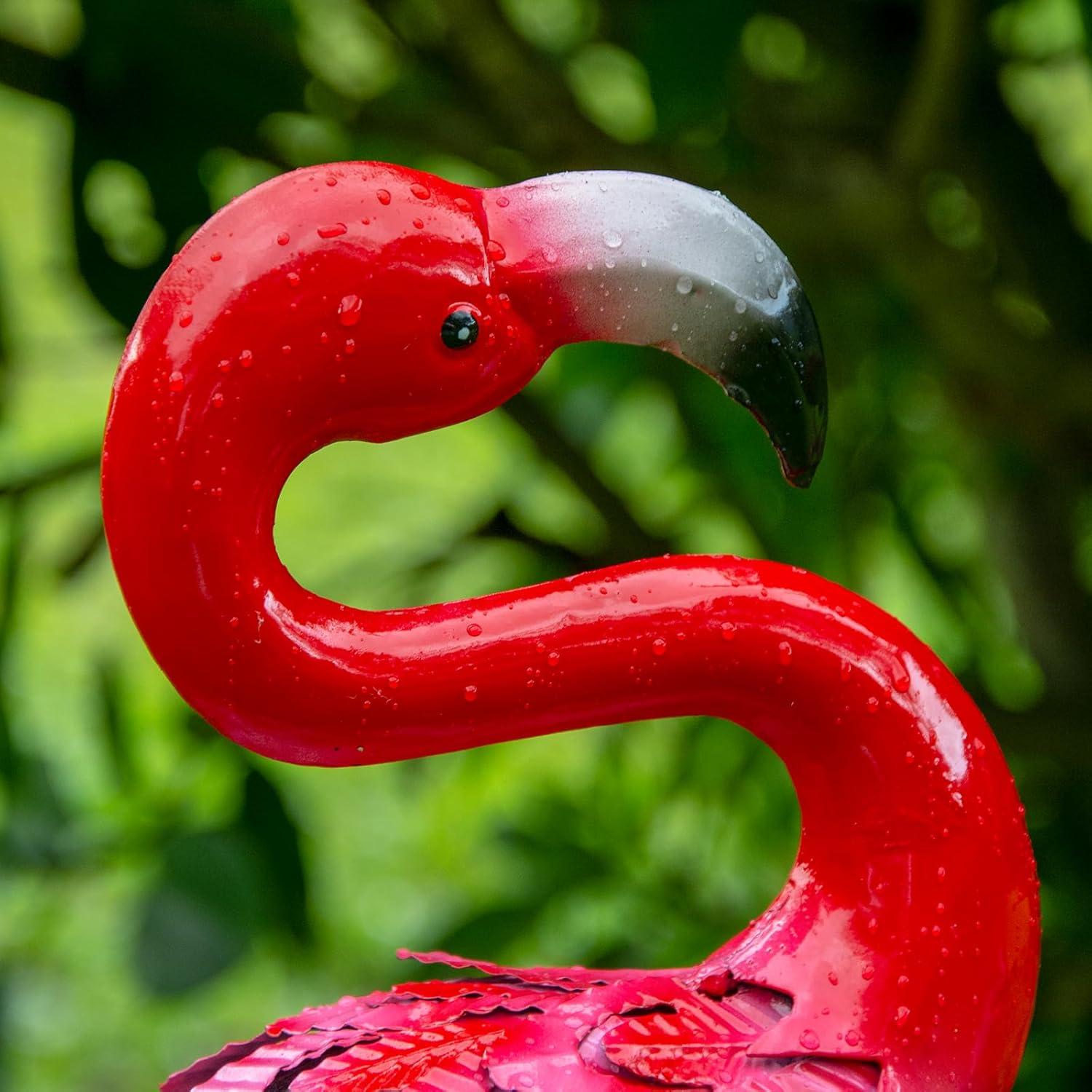 Red Metal Flamingo Garden Sculptures, Set of 2