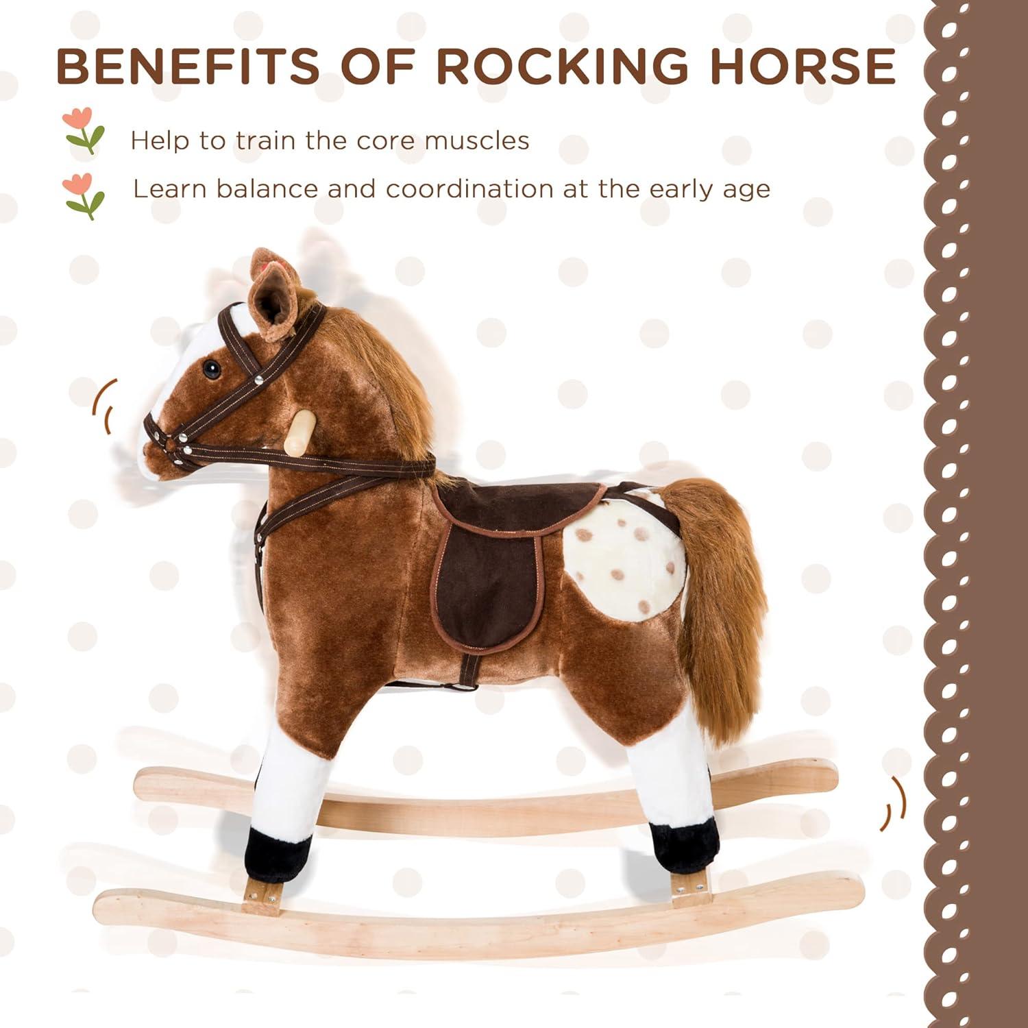 Qaba Kids Plush Toy Rocking Horse Ride on with Realistic Sounds -  Brown