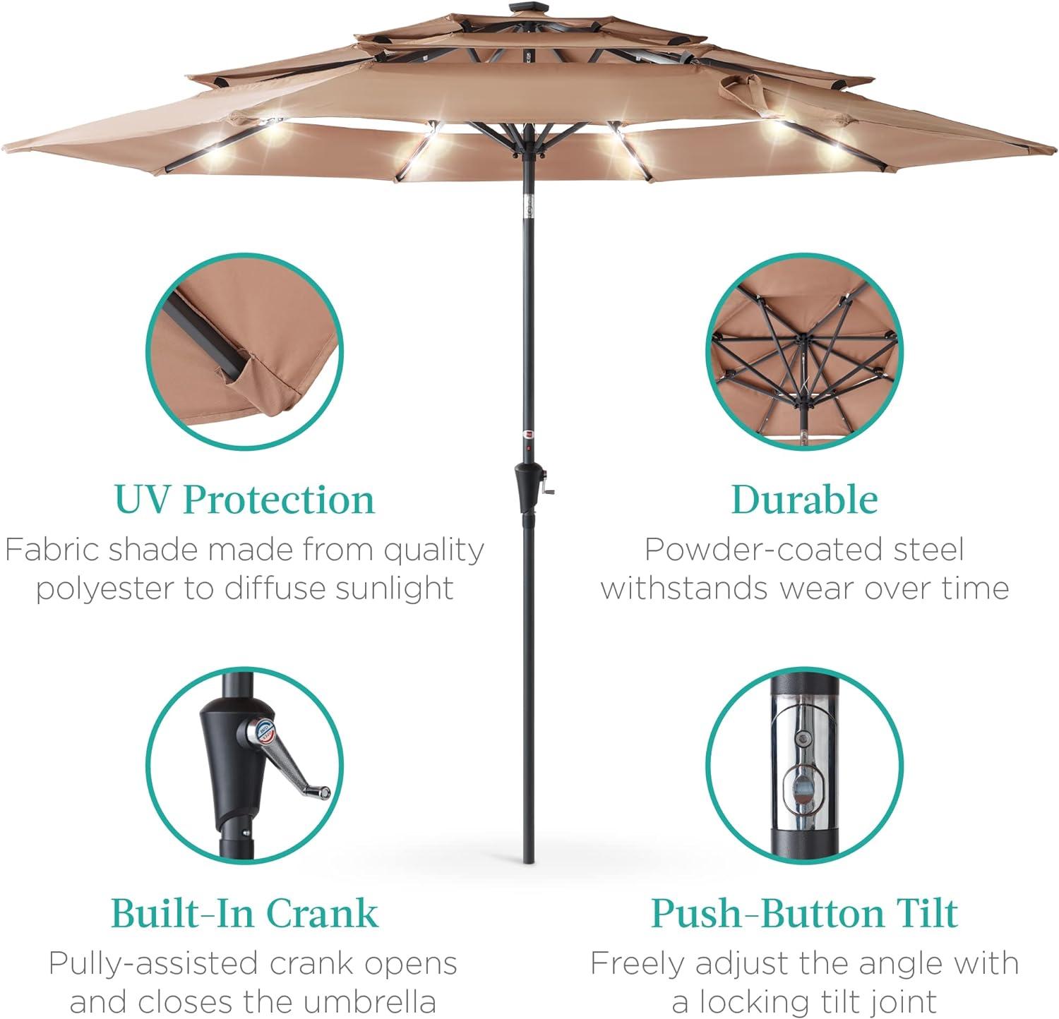 Best Choice Products 10ft 3-Tier Solar Patio Umbrella w/ 24 LED Lights, Tilt Adjustment, Easy Crank - Tan