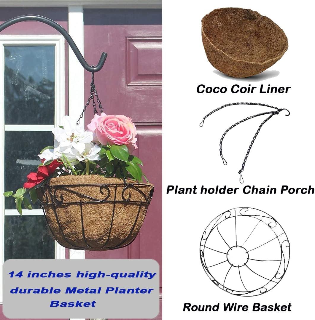 14-Inch Black Metal Hanging Planter Basket with Coco Liner, 4-Pack