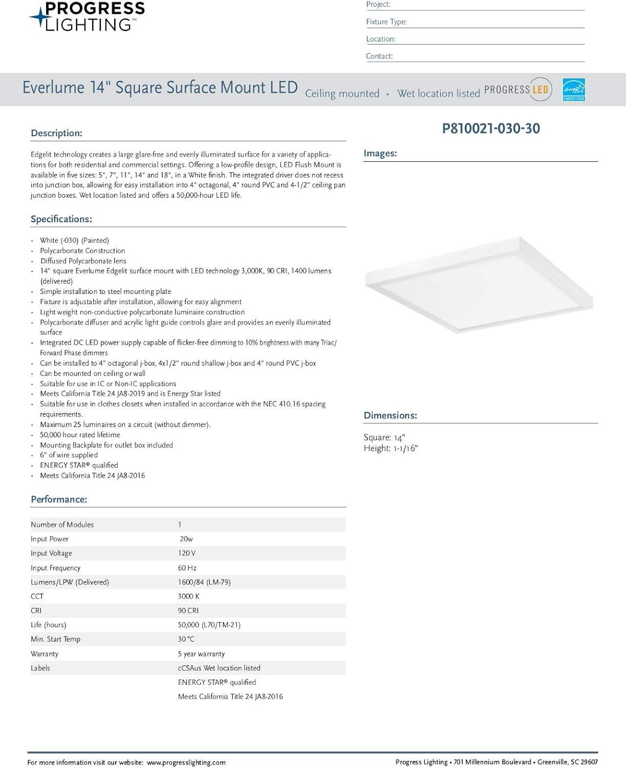 Progress Lighting Everlume 1-Light LED Flush Mount, White, Polycarbonate, 14", Wet Rated, Edgelit Technology