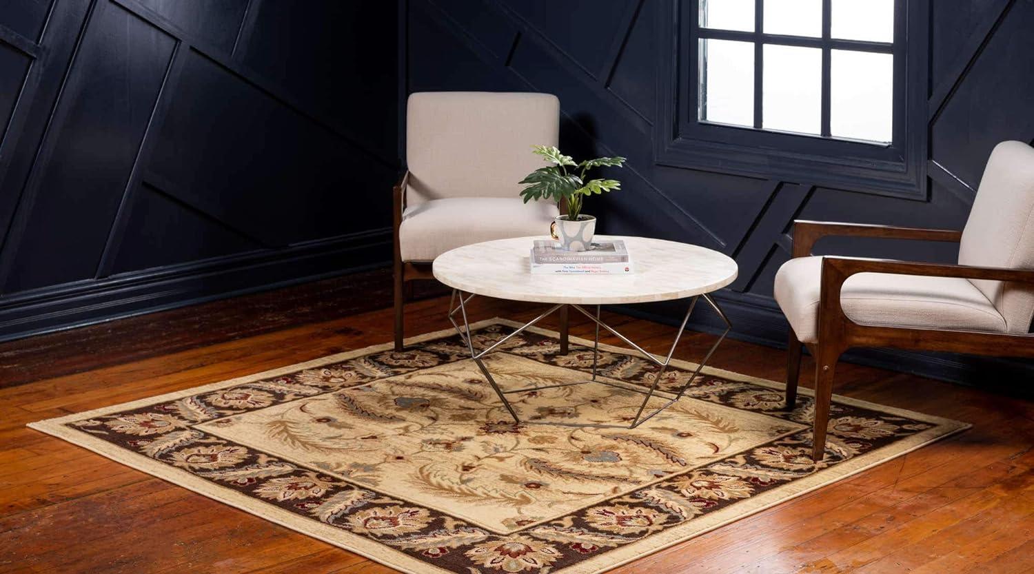 Elegant Cream Floral Square Shag Rug with Stain-Resistant Synthetic Fibers