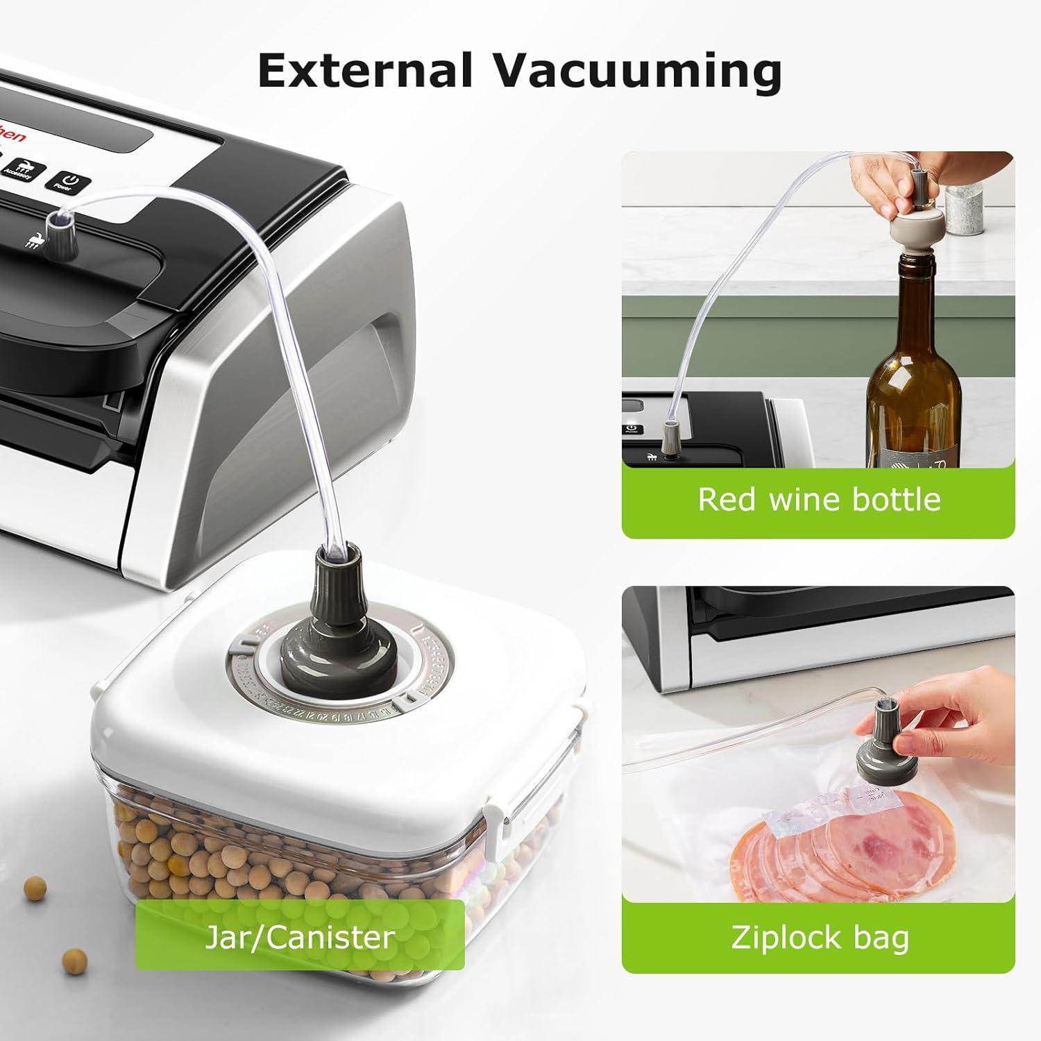 BEACHWATER POOL & SPA, LLC Vacuum Sealer Machine, Powerful Low-Noise Food Vacuum Sealer For High-Speed Continuous Working, Handle Locked Design, Built-In Cutter, 2 Bag Rolls + 100 PCS Vacuum Bags
