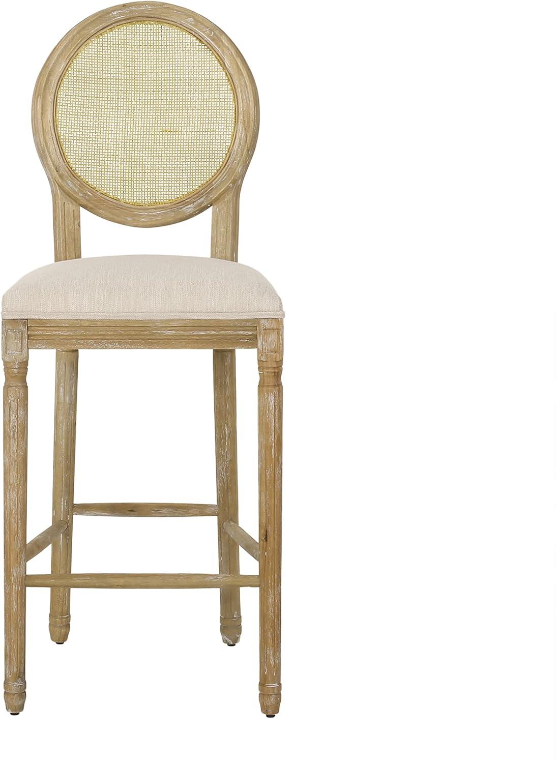 Beige and Natural French Country Wooden Barstools with Wicker Backrest, Set of 2