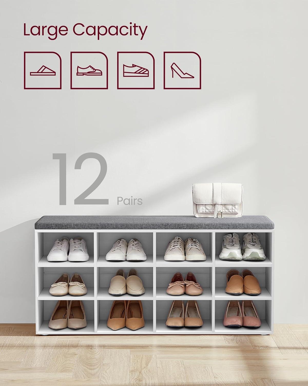 VASAGLE CUSTOS Collection - Shoe Bench, Storage Bench with Padded Seat, Entryway Bench with 12 Compartments, for Bedroom, 11.9 x 40.9 x 18.9 Inches, Cloud White and Slate Gray ULHS012W14