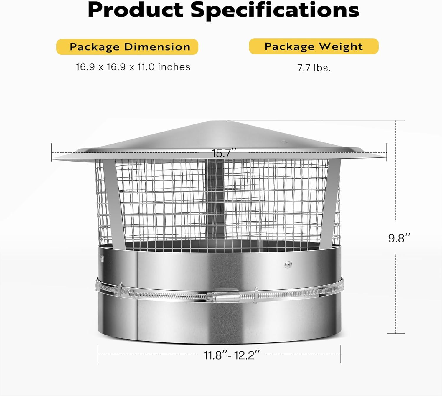 SPECSTAR 12" Cone Top Chimney Cap with Screen, Round Roof Rain Chimney Cover, Galvanized Steel Fireplace Exhaust Cap, Adjustable Roof Cap for Vent