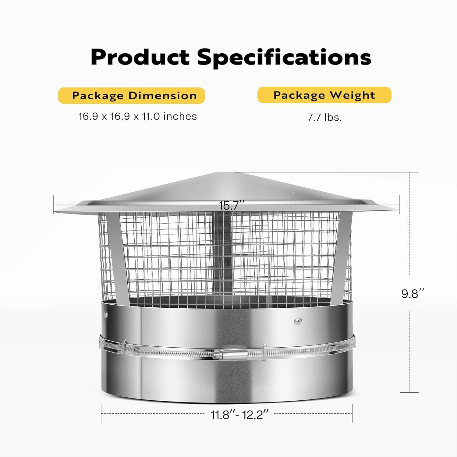 SPECSTAR 12" Cone Top Chimney Cap with Screen, Round Roof Rain Chimney Cover, Galvanized Steel Fireplace Exhaust Cap, Adjustable Roof Cap for Vent