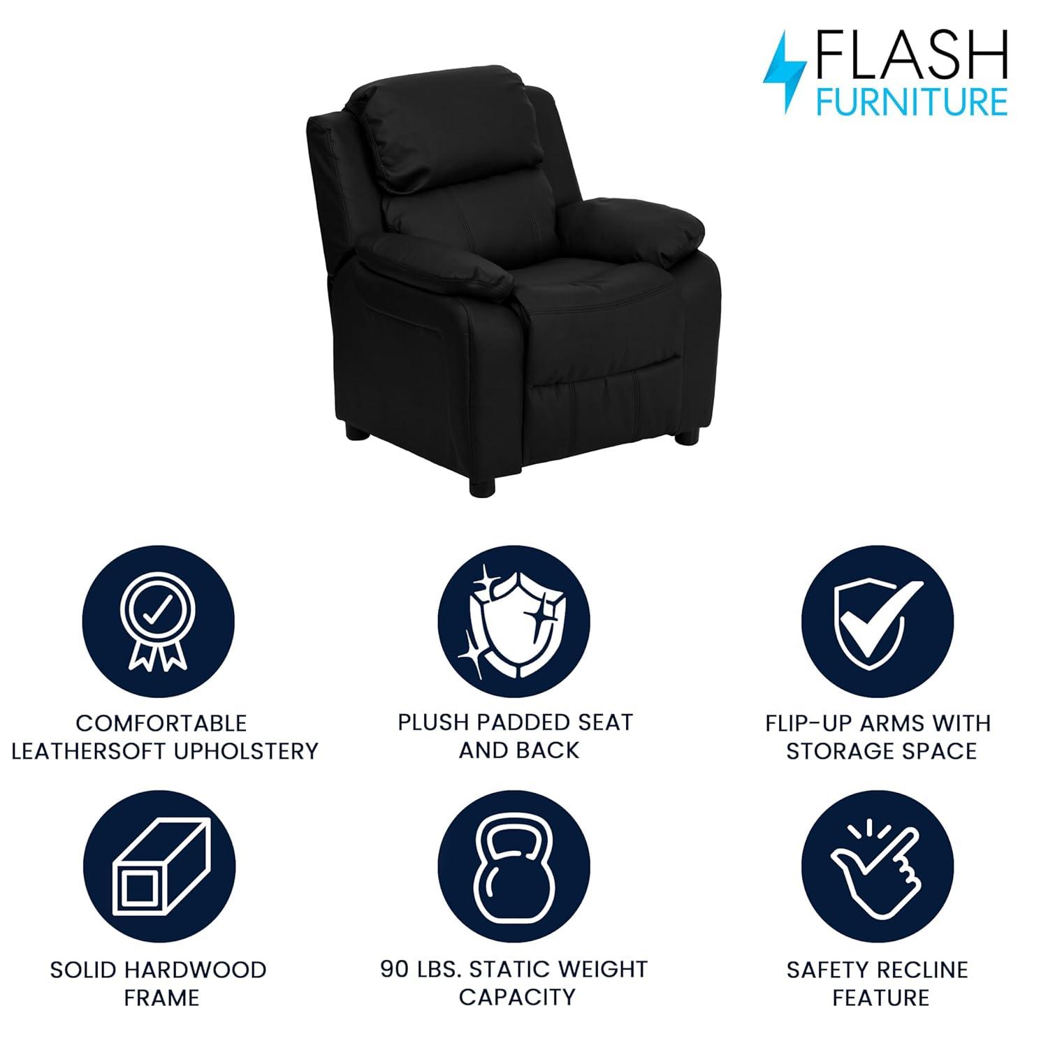 Flash Furniture Charlie Deluxe Padded Contemporary Black LeatherSoft Kids Recliner with Storage Arms