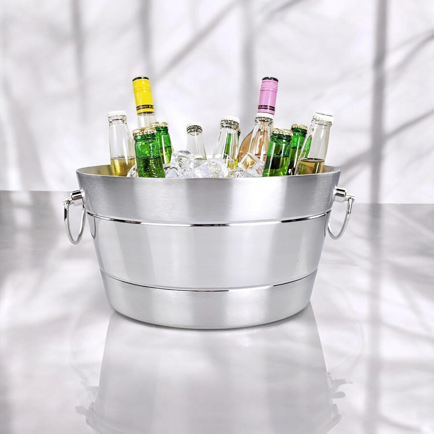 BREKX Anchored Ribbed Stainless-Steel Beverage Tub, Wine and Beer Bucket - 14"W x 6.75"H