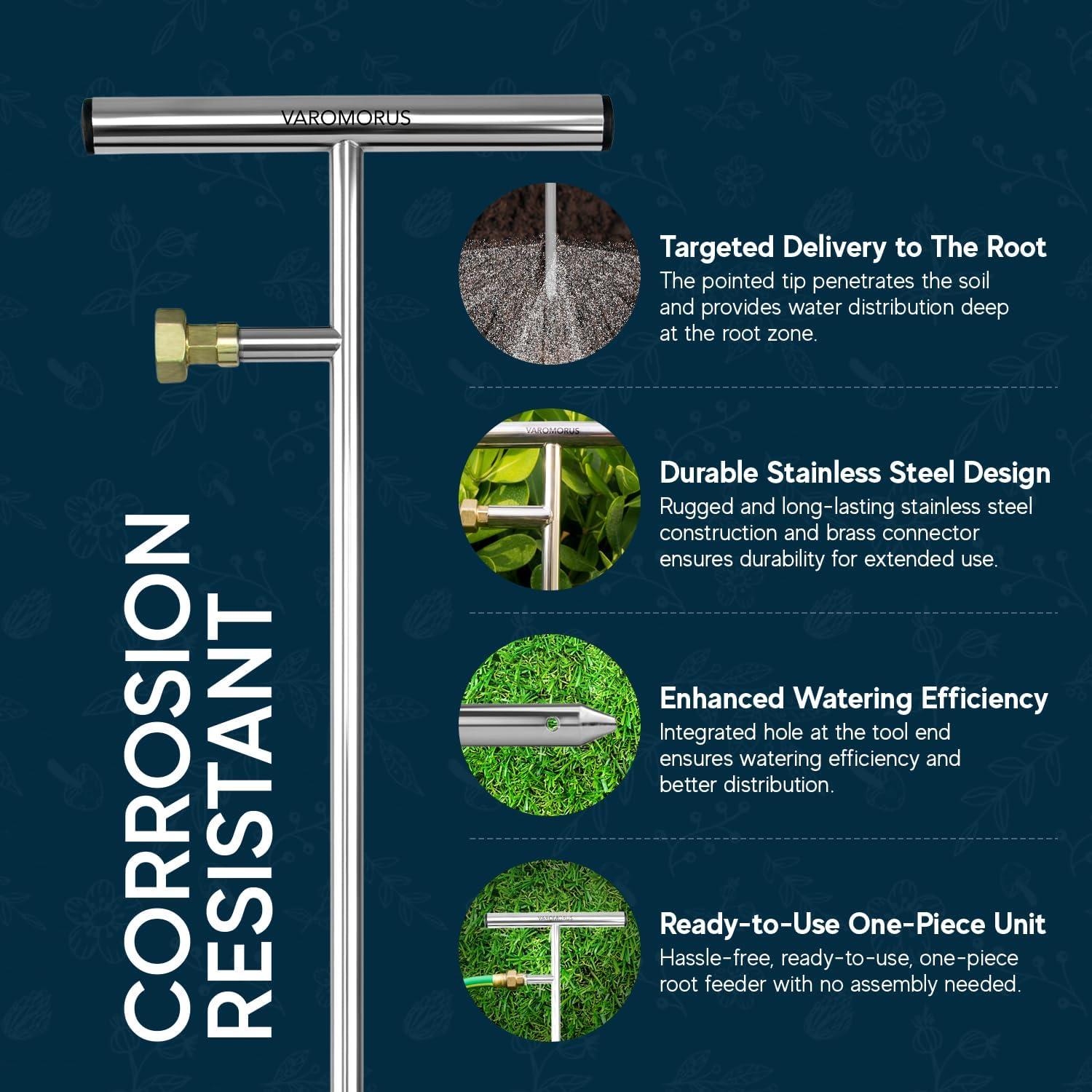 Varomorus Stainless Steel Deep Root Feeder for Tree Watering Spike Tool Irrigation for Outdoor Plants System Wand T-Handle One-Piece