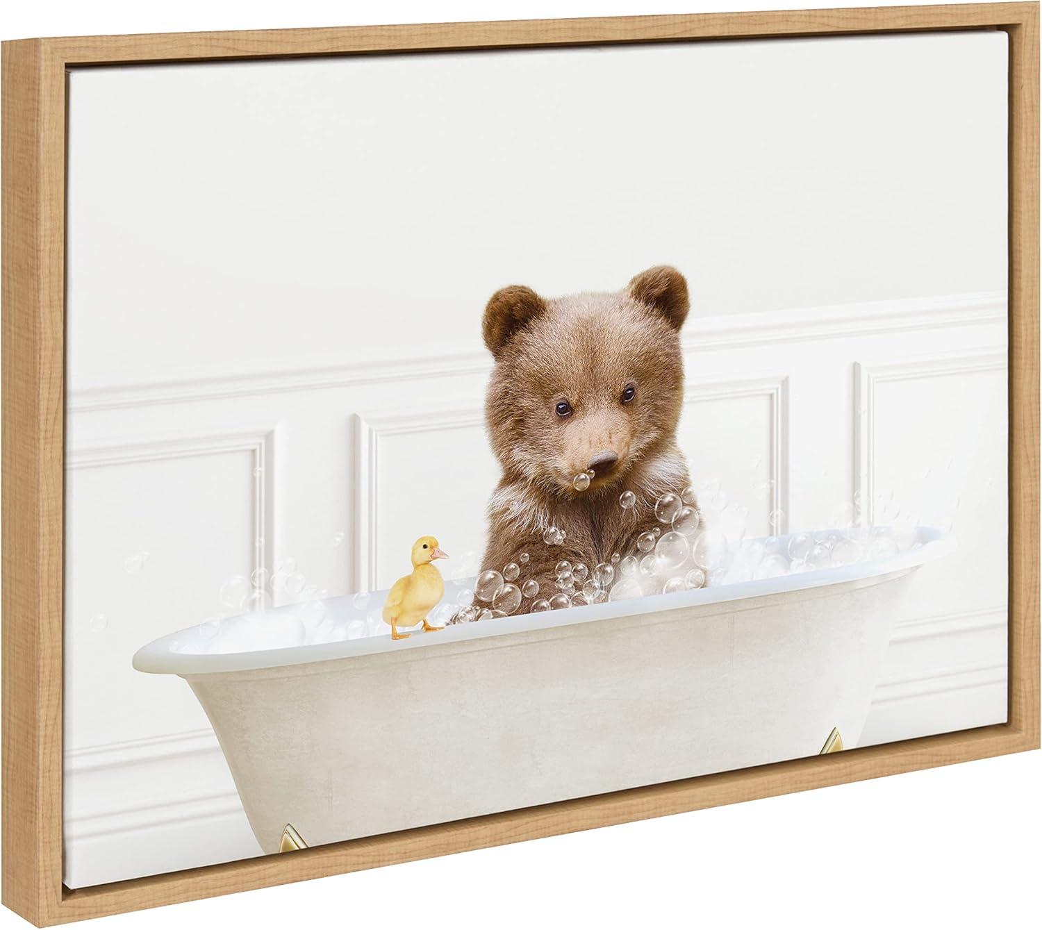 Bear Cub in Bubble Bath Framed Canvas Art, 18x24 Natural