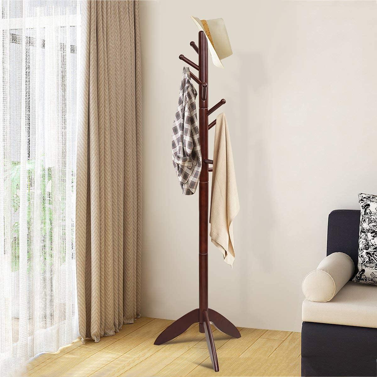 Dark Brown Rubber Wood Freestanding Coat Rack with 11 Hooks