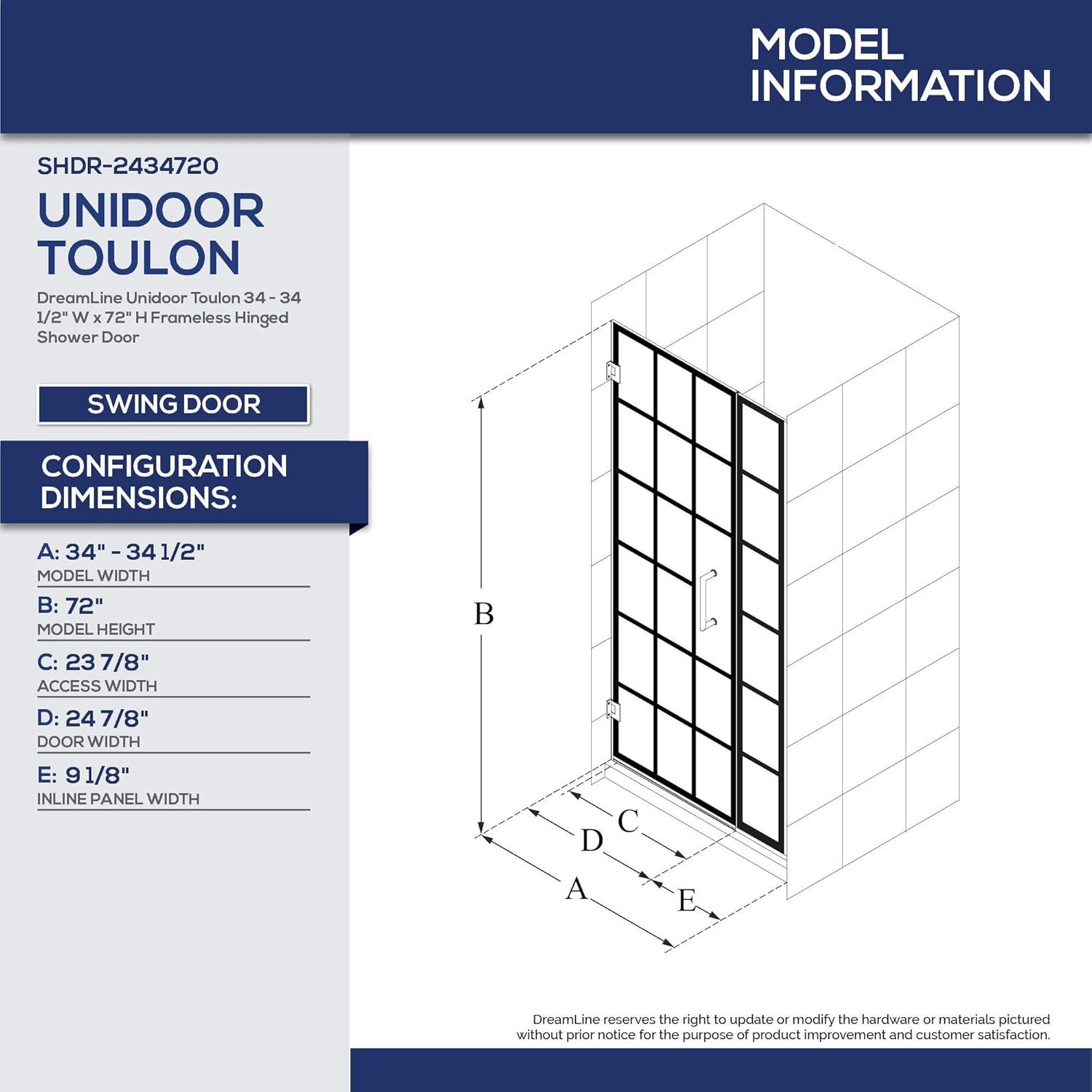 Unidoor Toulon 34" W x 72" H Hinged Frameless Shower Door