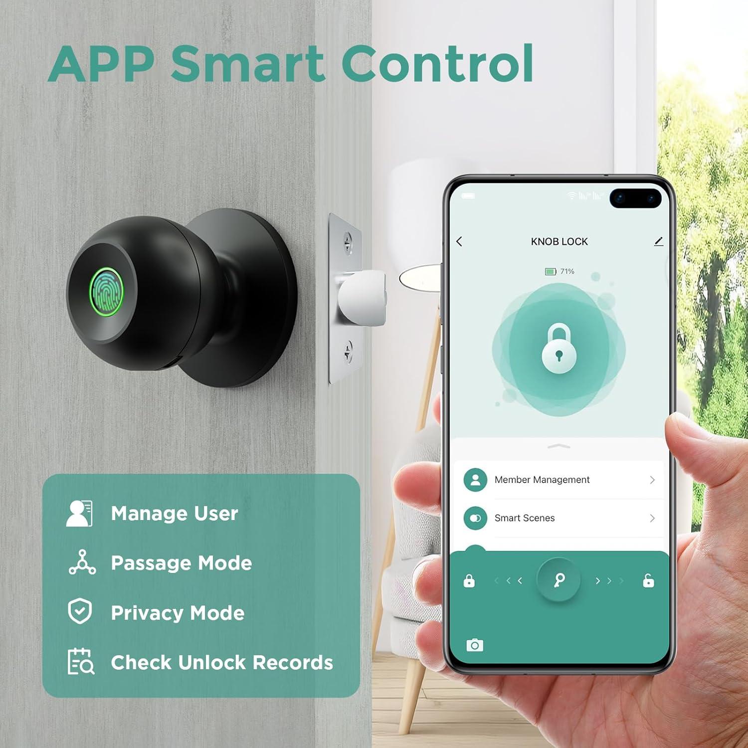 Ghome Fingerprint Smart Door Knob Lock App Control Biometric with Type-C Charge