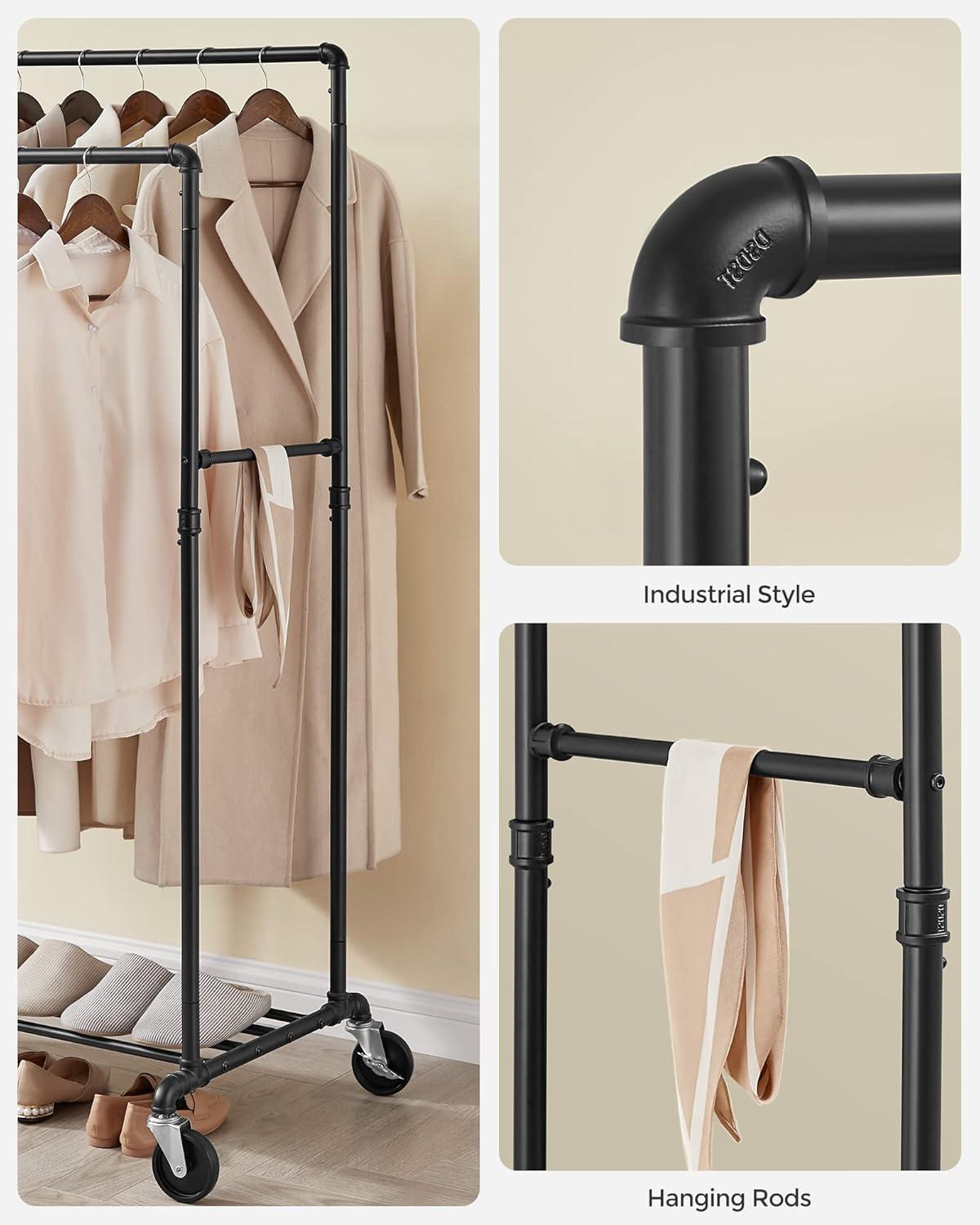 Black Double-Rod Industrial Metal Garment Rack with Wheels