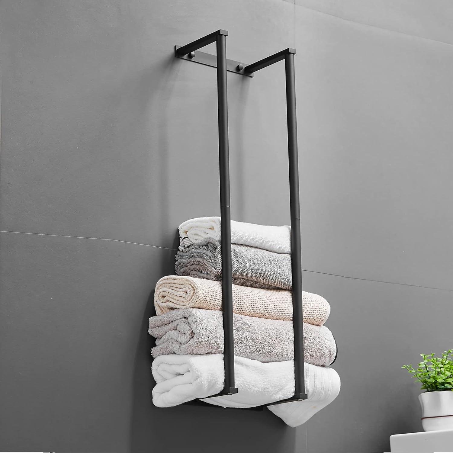 Towel Racks for Bathroom, NEWRAIN Rolled Towel Storage Wall Mounted Bath Towel Holder for Folded Large Towel Washcloths, Bathroom Organizing Matte Black