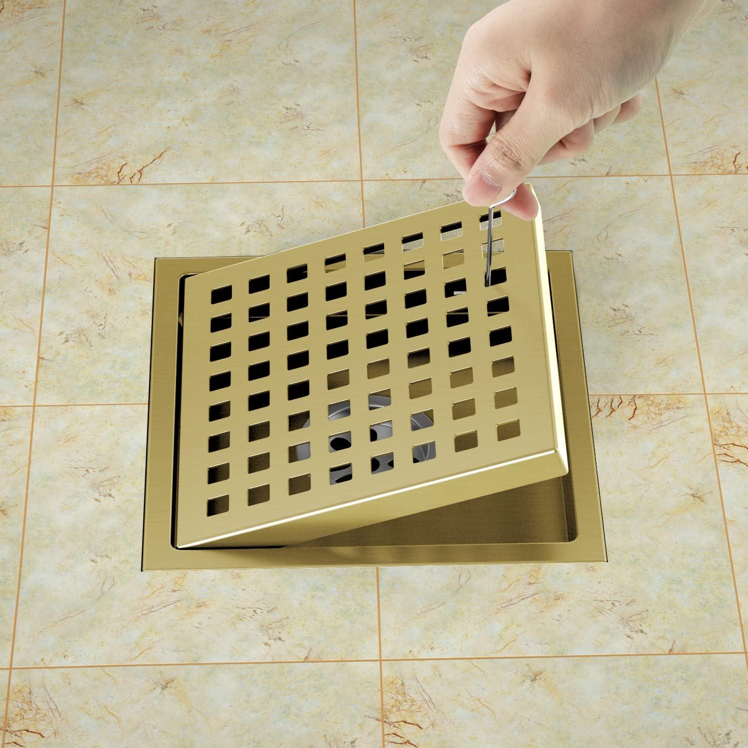 6-Inch Brushed Gold Stainless Steel Square Shower Drain