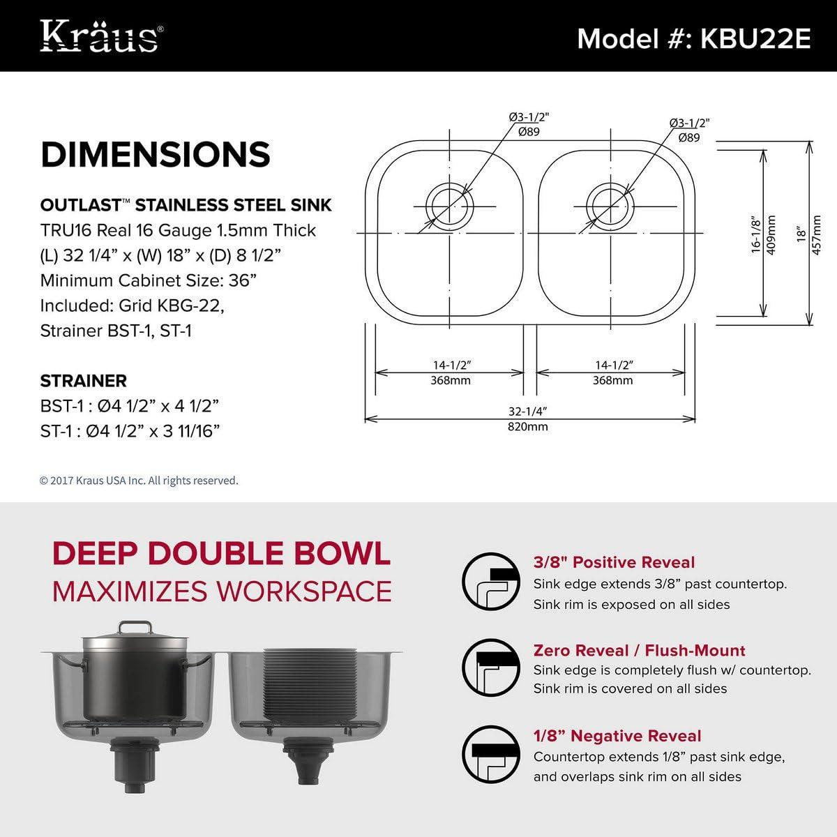 KRAUS Outlast MicroShield™ Scratch-Resist Stainless Steel Undermount 50/50 Double Bowl Sink, 32" L 16 Gauge