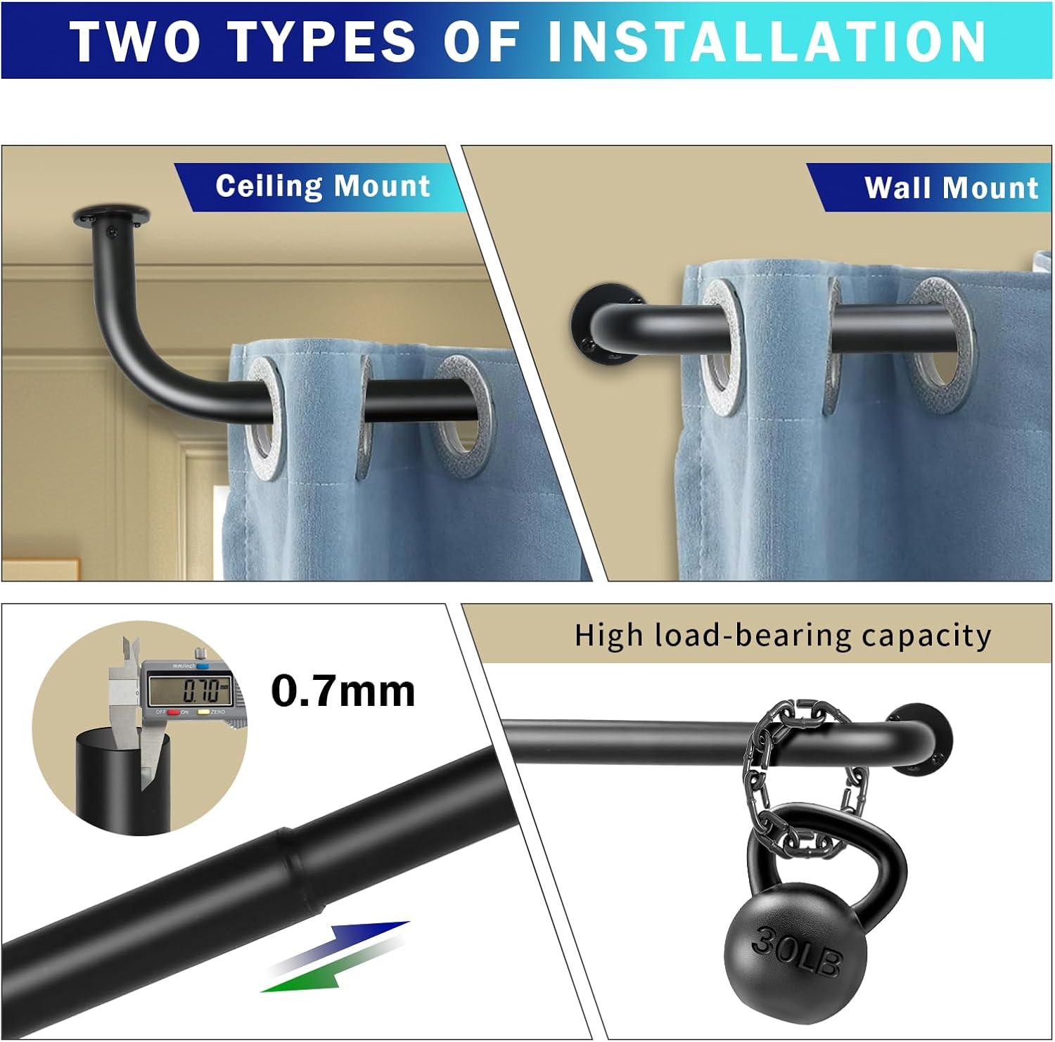 Energy-saving Wraparound Adjustable French Blackout Curtain Rod Set Matte Black 28"-48" Black Finish