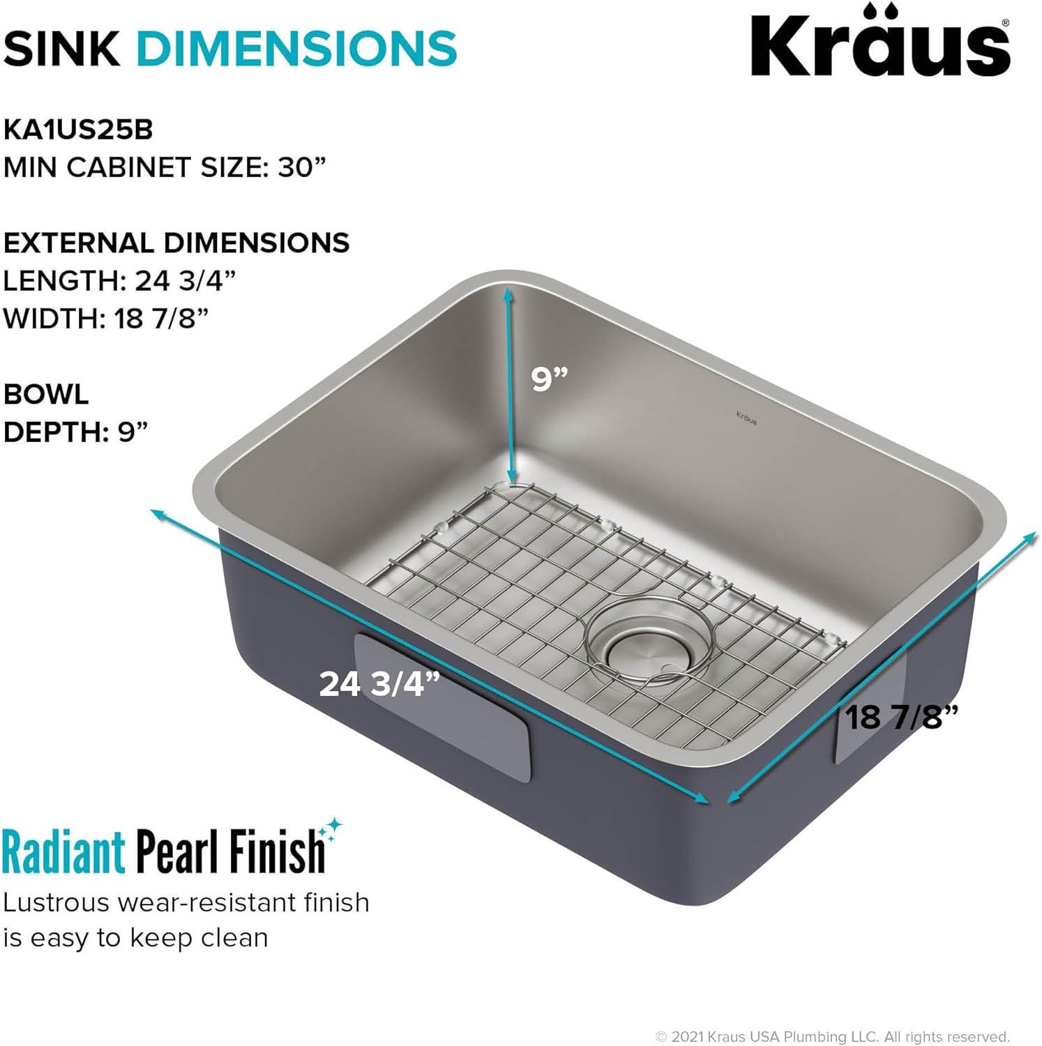 Dex™️ Series KRAUS 25" L Undermount 16 Gauge Stainless Steel Single Bowl Kitchen Sink