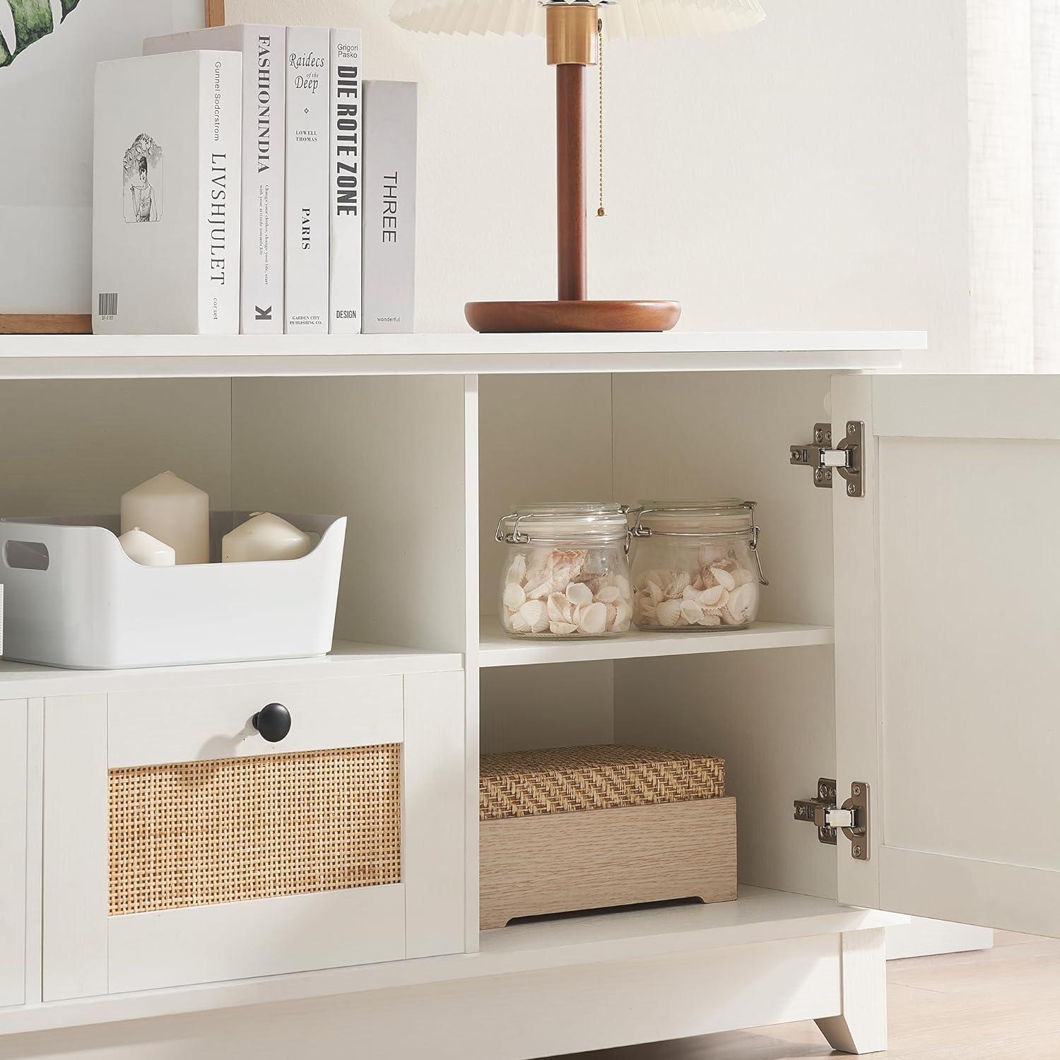 White Rattan TV Stand with Cabinets and Adjustable Shelves