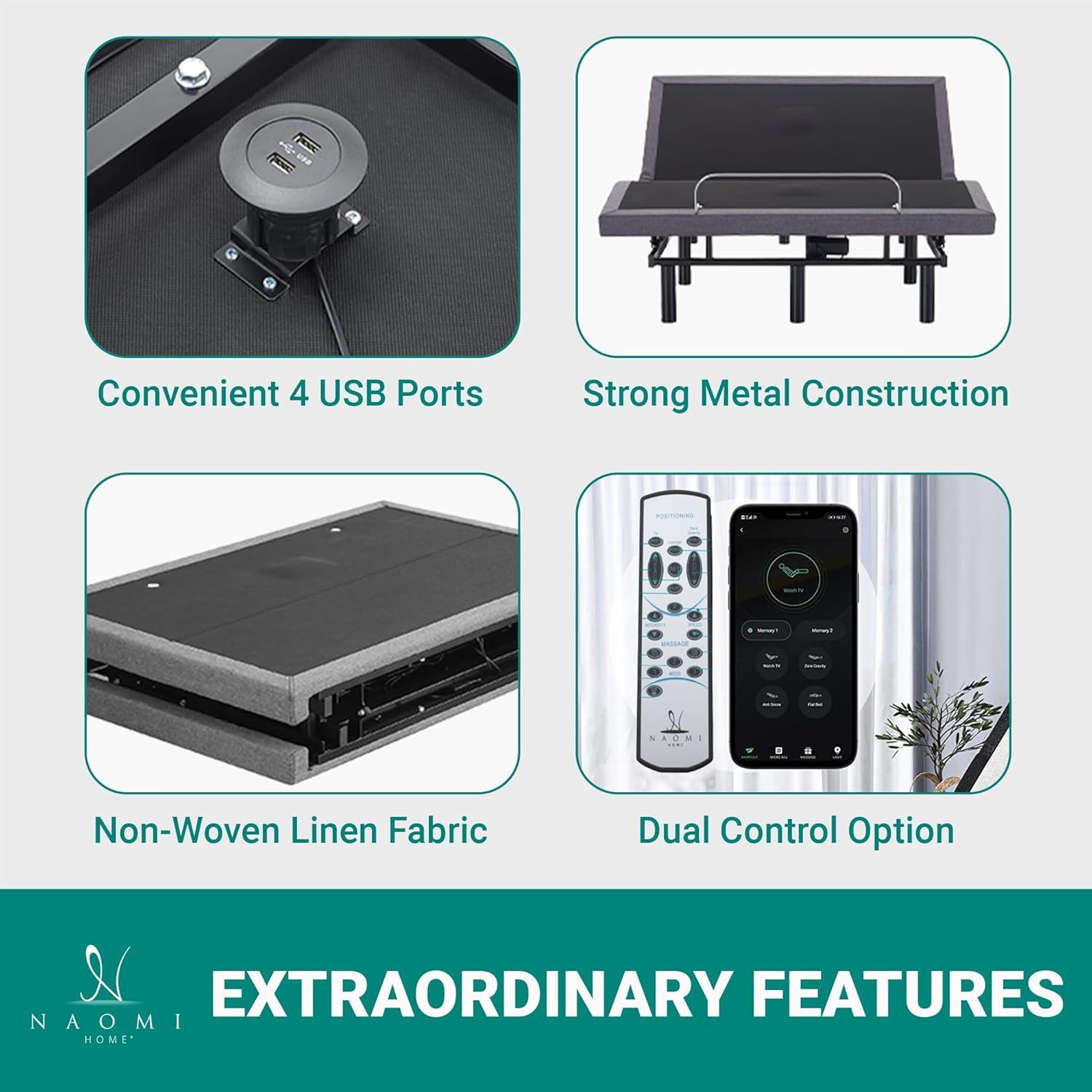 Naomi Home Split King Size Ergonomic Adjustable Bed Base with Basic Lumbar Support & Head Tilt, Back & Leg Massage, Wireless Remote, Assembly Needed - Split King, Gray