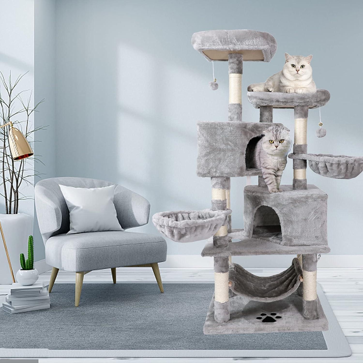 Gray Multi-Level Sisal Cat Tree with Hammock and Condos