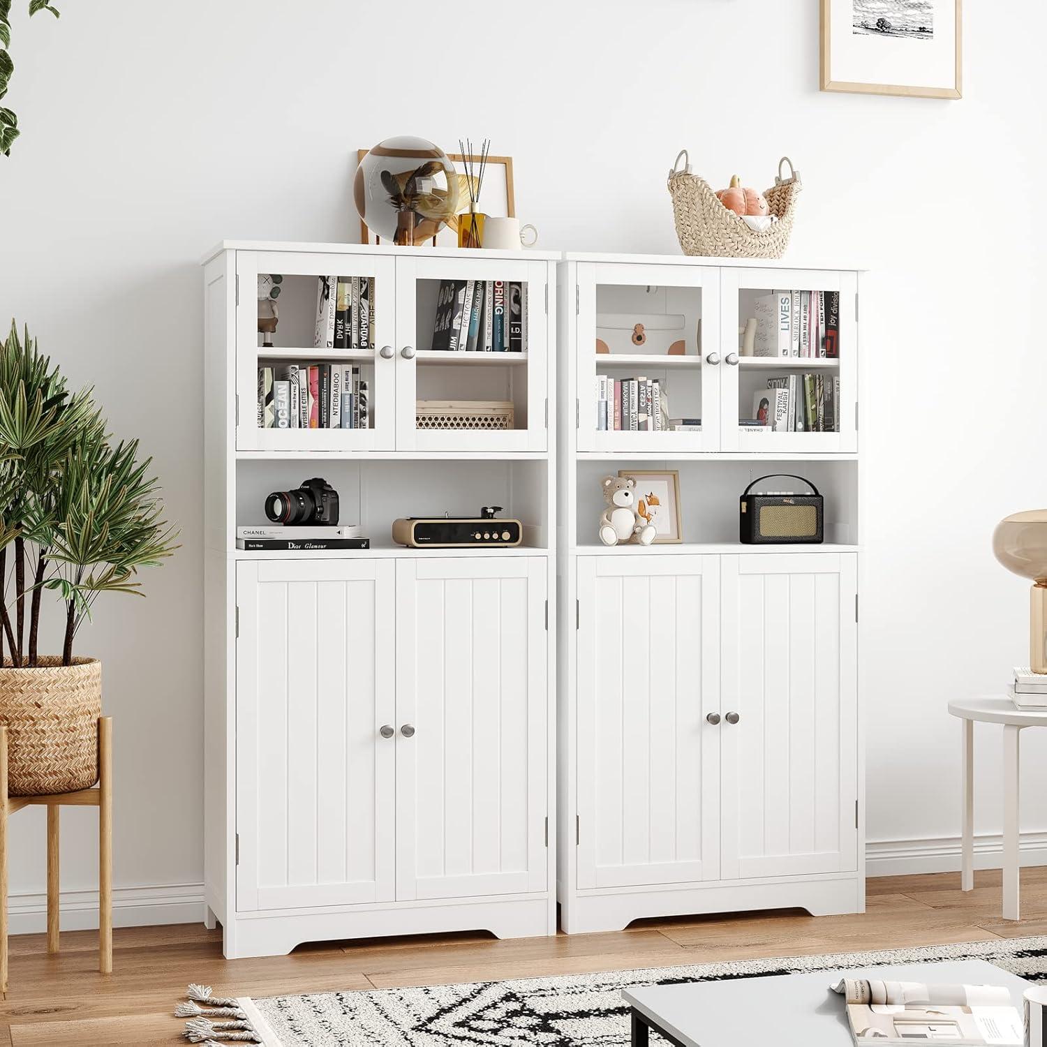 White MDF Bathroom Cabinet with Adjustable Shelving and Glass Doors