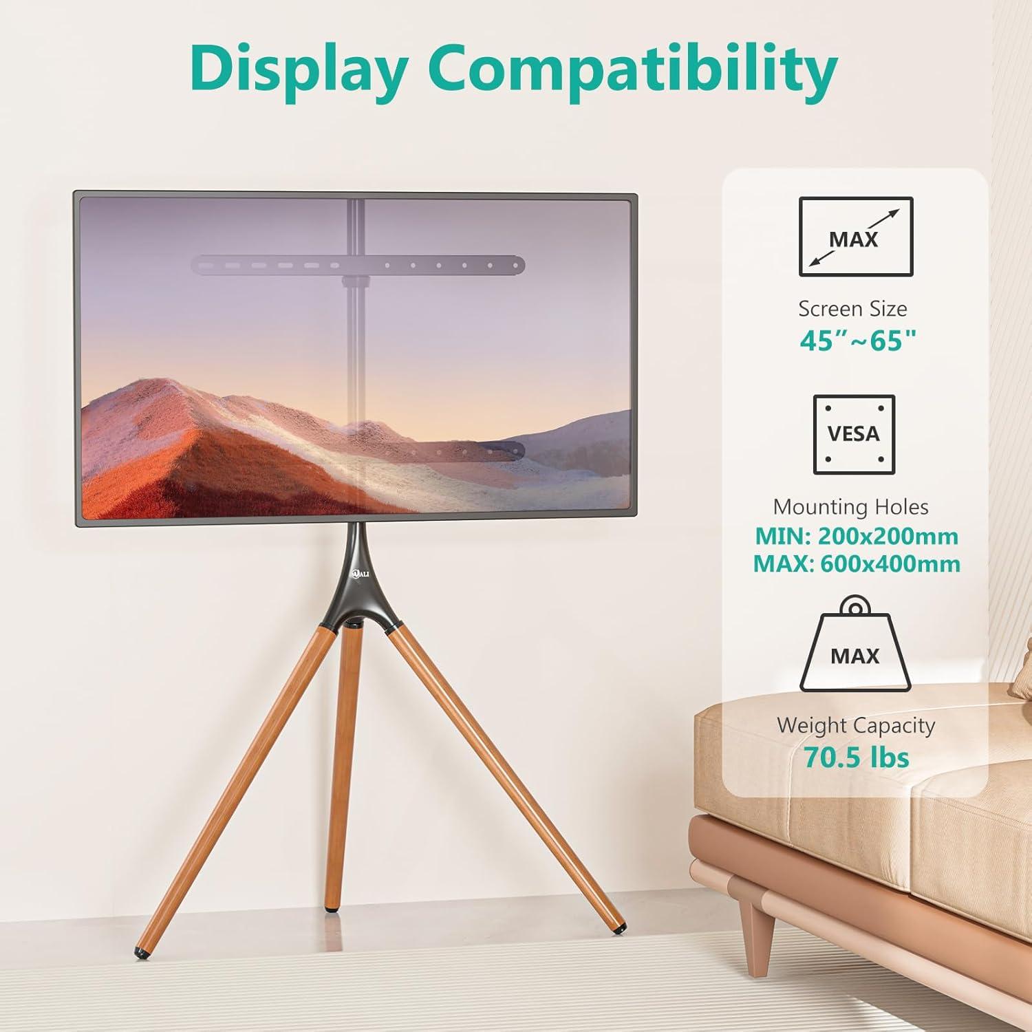 WALI Tripod TV Stand, Modern Easel TV Stand for 45 to 65 inch Screens, Portable TV Floor Stand with Beech Wood Legs Stand, Height Adjustable Corner TV Mount for Home, Studio,Office (TFS001XL), Black
