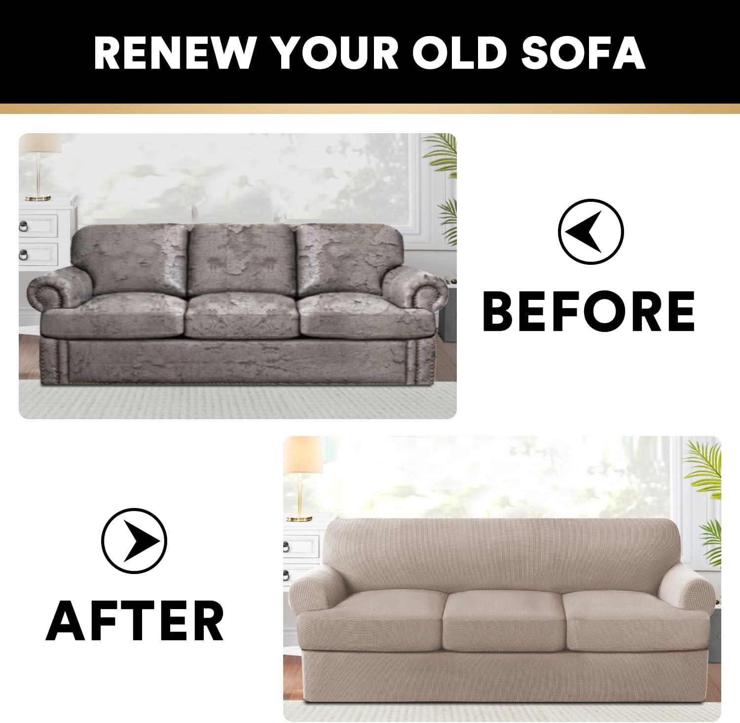 PrinceDeco T Cushion Sofa Slipcover 4 Pieces Sofa Covers for T Cushion Sofa Soft Couch Cover Sofa Slip Covers Furniture Covers with 3 Individual T Cushion Shape Seat Covers Machine Washable, Sand