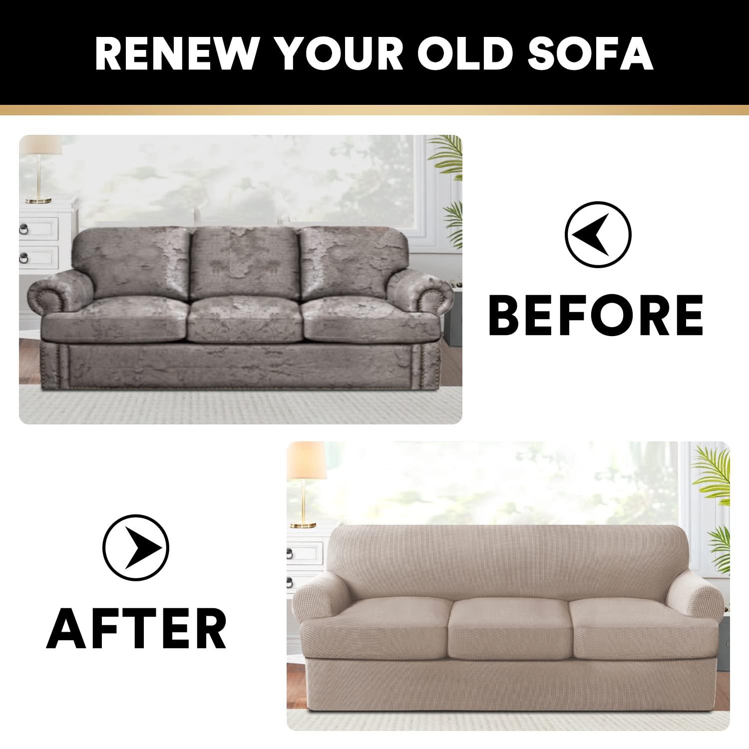 PrinceDeco T Cushion Sofa Slipcover 4 Pieces Sofa Covers for T Cushion Couch Soft Sofa Slip Covers Furniture Protector with 3 Individual T Shape Seat Covers Width Up to 90 Inch, Sand