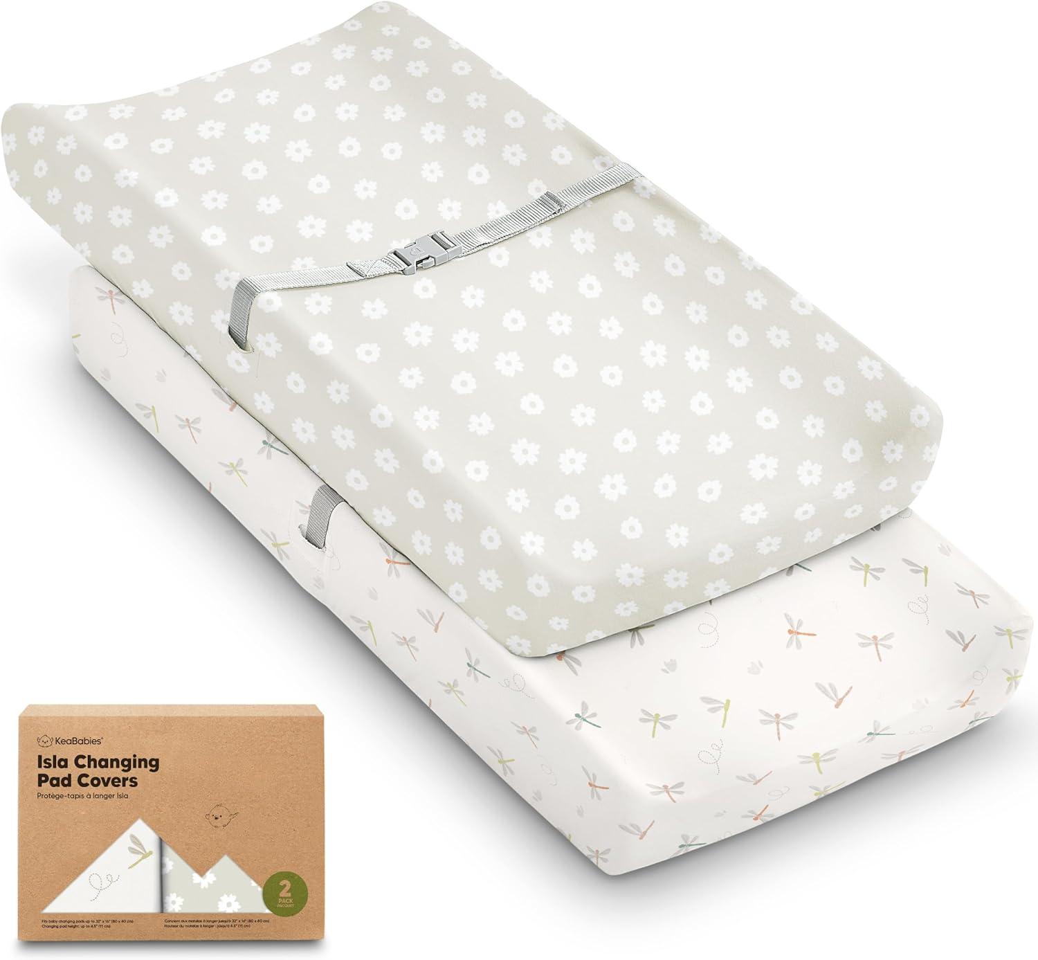 2pk Isla Changing Pad Covers for Girl, Boy, Soft Contoured Diaper Changing Table Pad Cover Sheets Neutral (Meadow)
