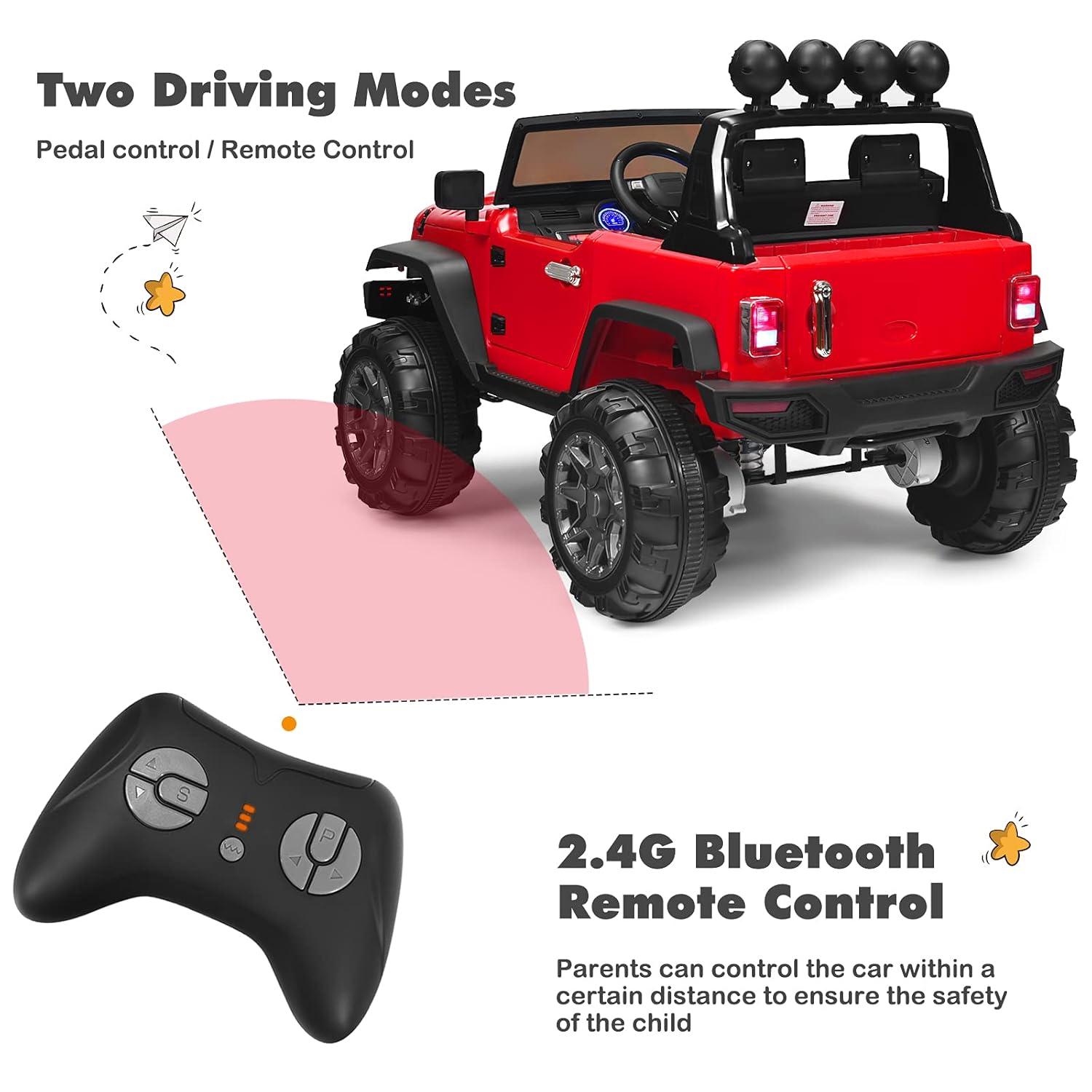 HONEY JOY Ride On Truck, 12V Battery Powered Vehicle Ride On Car with Remote Control, Spring Suspension, Headlights, Music, Mesh Windshield, Electric Cars for Kids, Gift for Boys Girls 3+(Red)