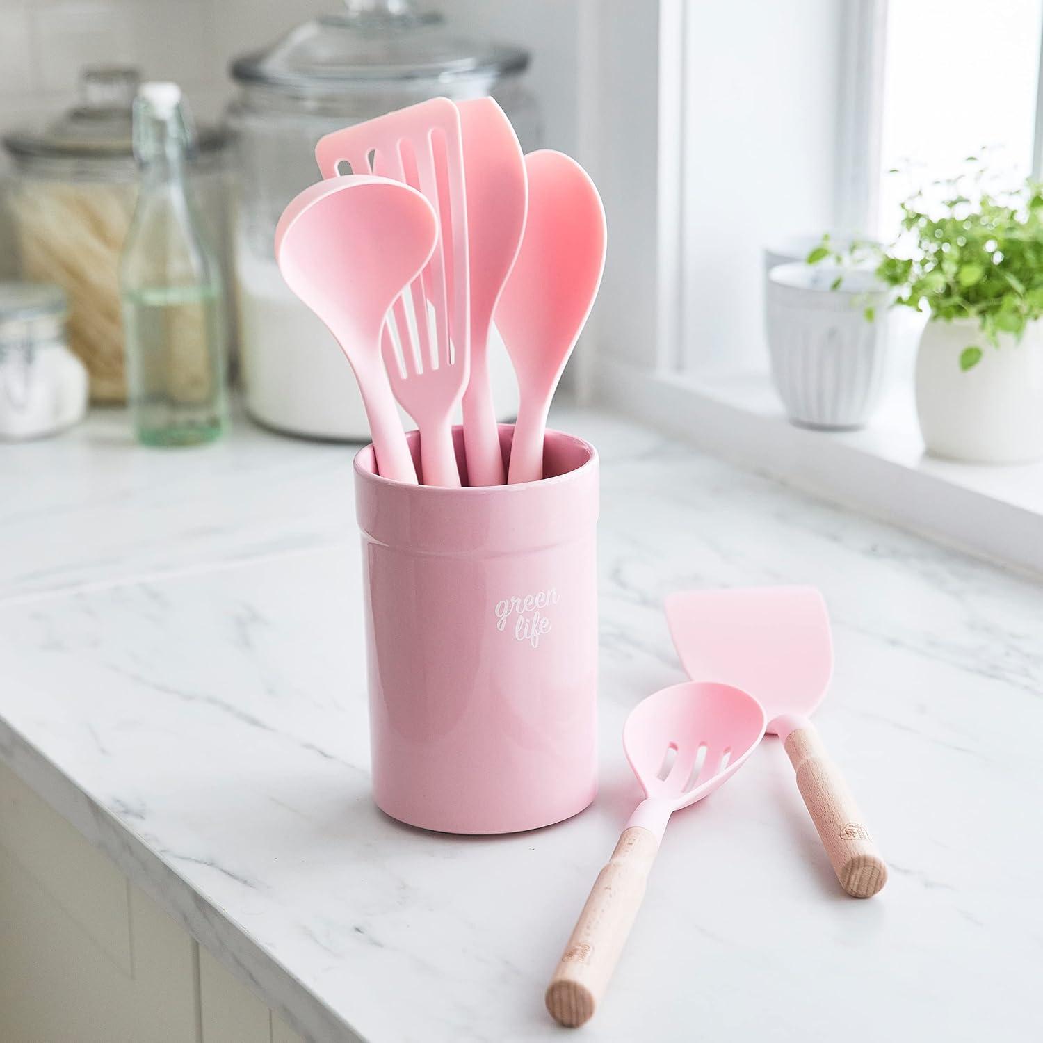 GreenLife Cooking Tools and Utensils, 7 Piece Nylon and Wood Kitchen Set with Ceramic Crock Holder, Heat Resistant Spatula and Spoons, BPA-Free, Pink