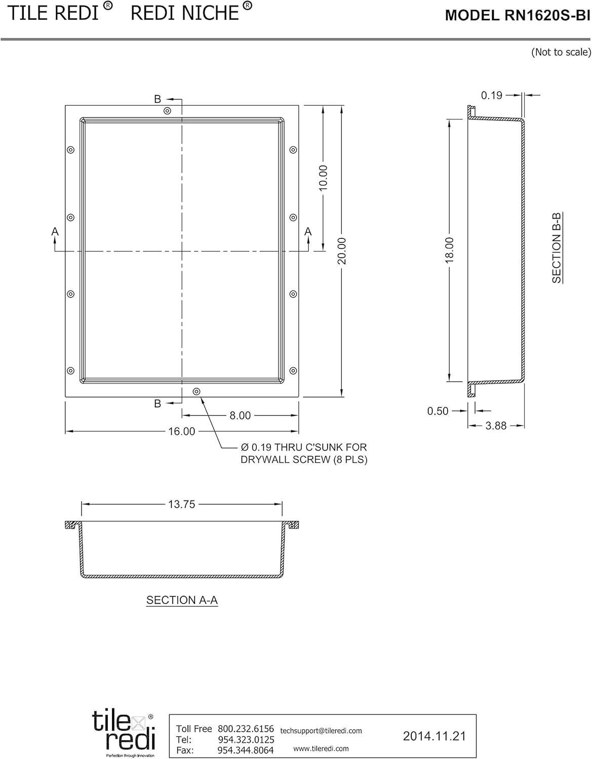 Tile Redi Rn1620s-Bi Redi Niche 16" Pvc Shelf - Tileable