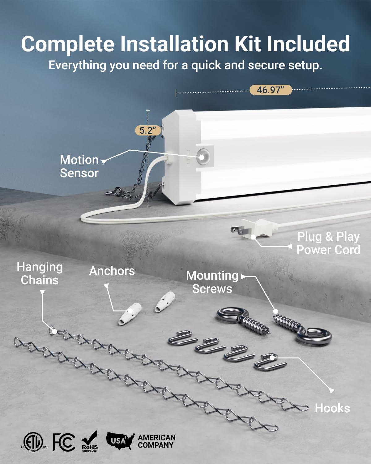 Sunco Motion Sensor 4ft LED Shop Light, Garage Lights Ceiling LED Plug in Fixtures, 40W, 5000K Daylight, Frosted, Motion Activated, Linkable Suspension Mount, ETL 4 Pack