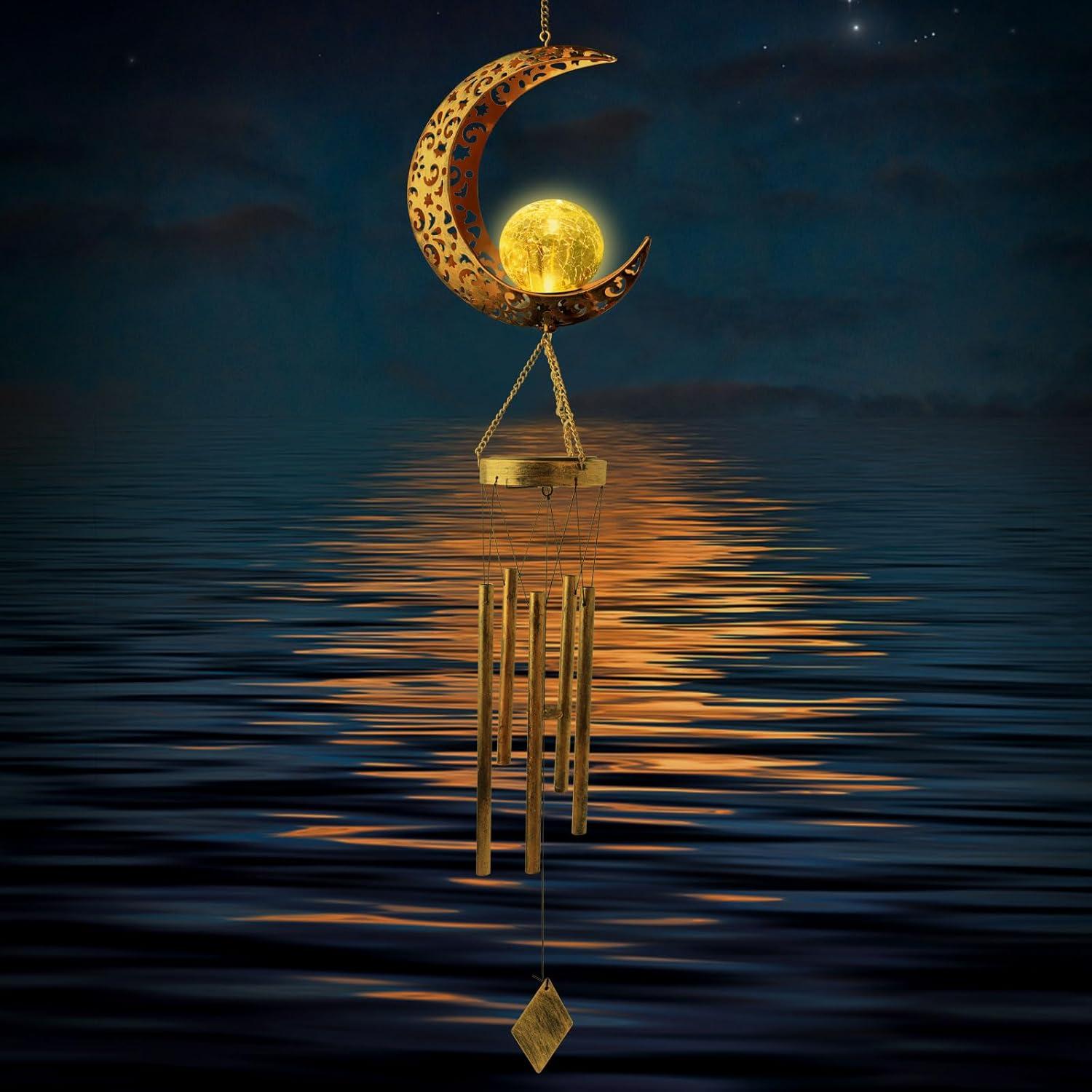 Moon Solar Lights Wind Chimes for Outside Gift for Women Gifts for Mom Grandma Birthday Gifts Large Moon Decor Windchimes Outdoors Gardening Gift for Outdoor Patio Yard Porch Solar Moon Night Lights