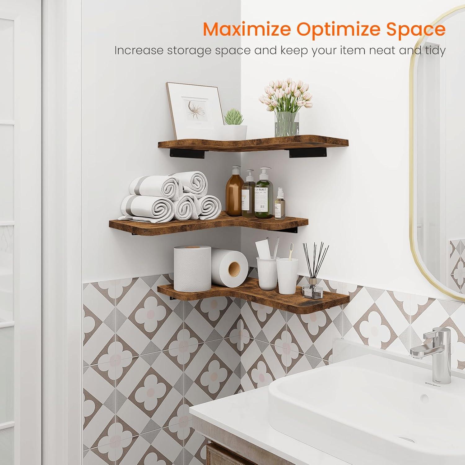 Homode Corner Floating Shelves, Corner Shelves Wall Mounted with Cord Hole, Set of 3 L Shape Wood Wall Storage Shelves for Living Room Bedroom Bathroom Kitchen, Rustic Brown