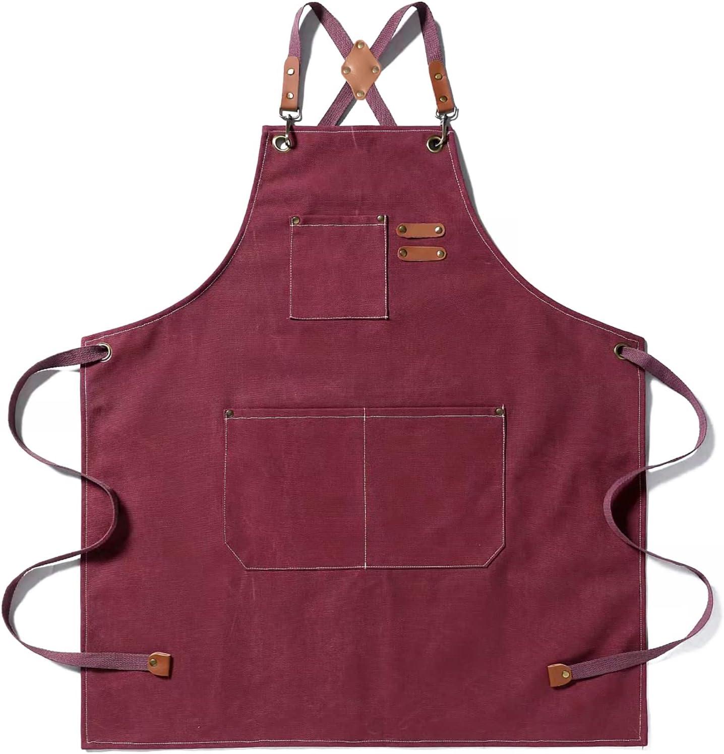 Dark Red Cotton Canvas Cross Back Grilling Apron with Large Pockets