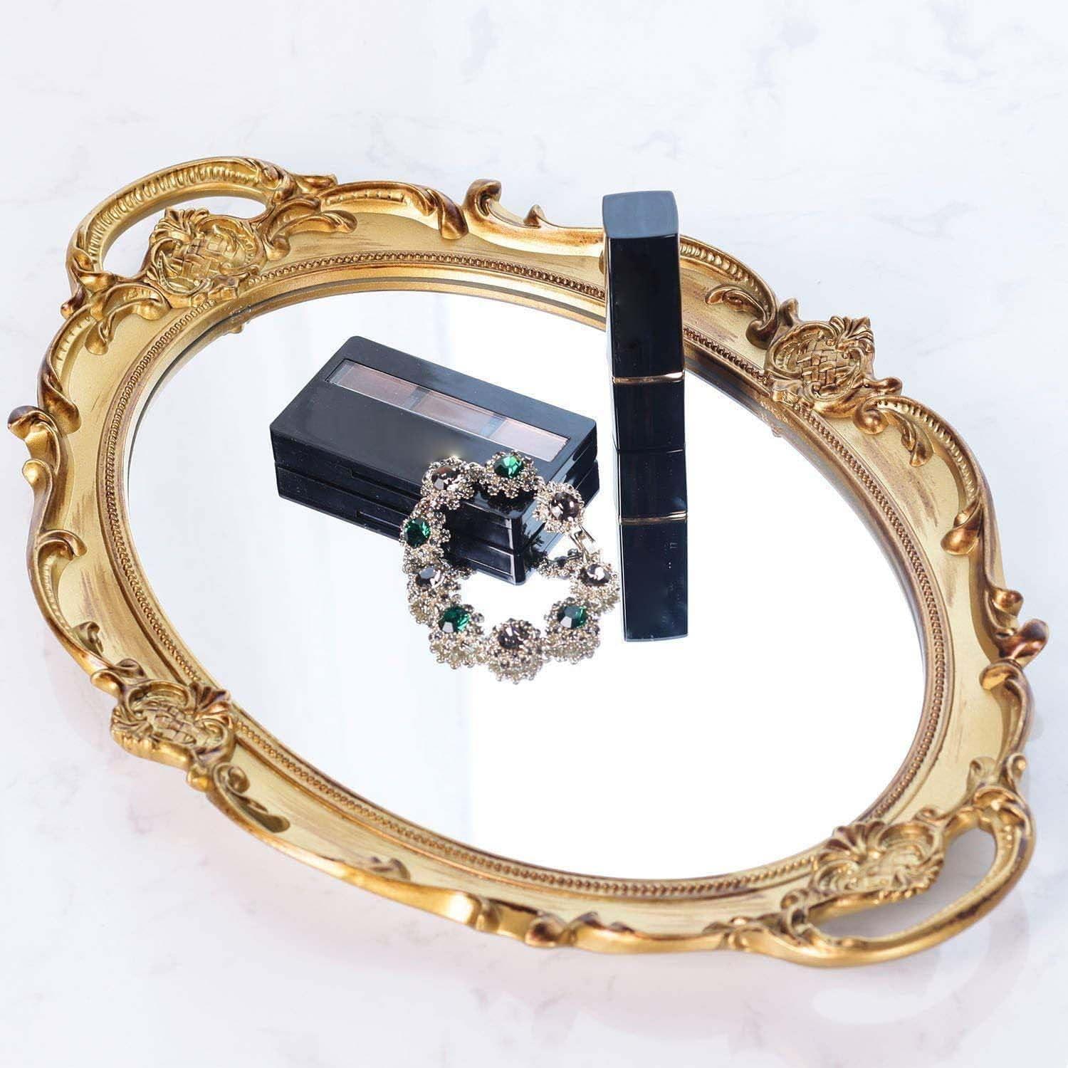 Zosenley Polyresin Ellipse Antique Decorative Mirror Tray, Makeup Organizer, Jewelry Organizer, Serving Tray, 9.8”x 14.6”, Gold