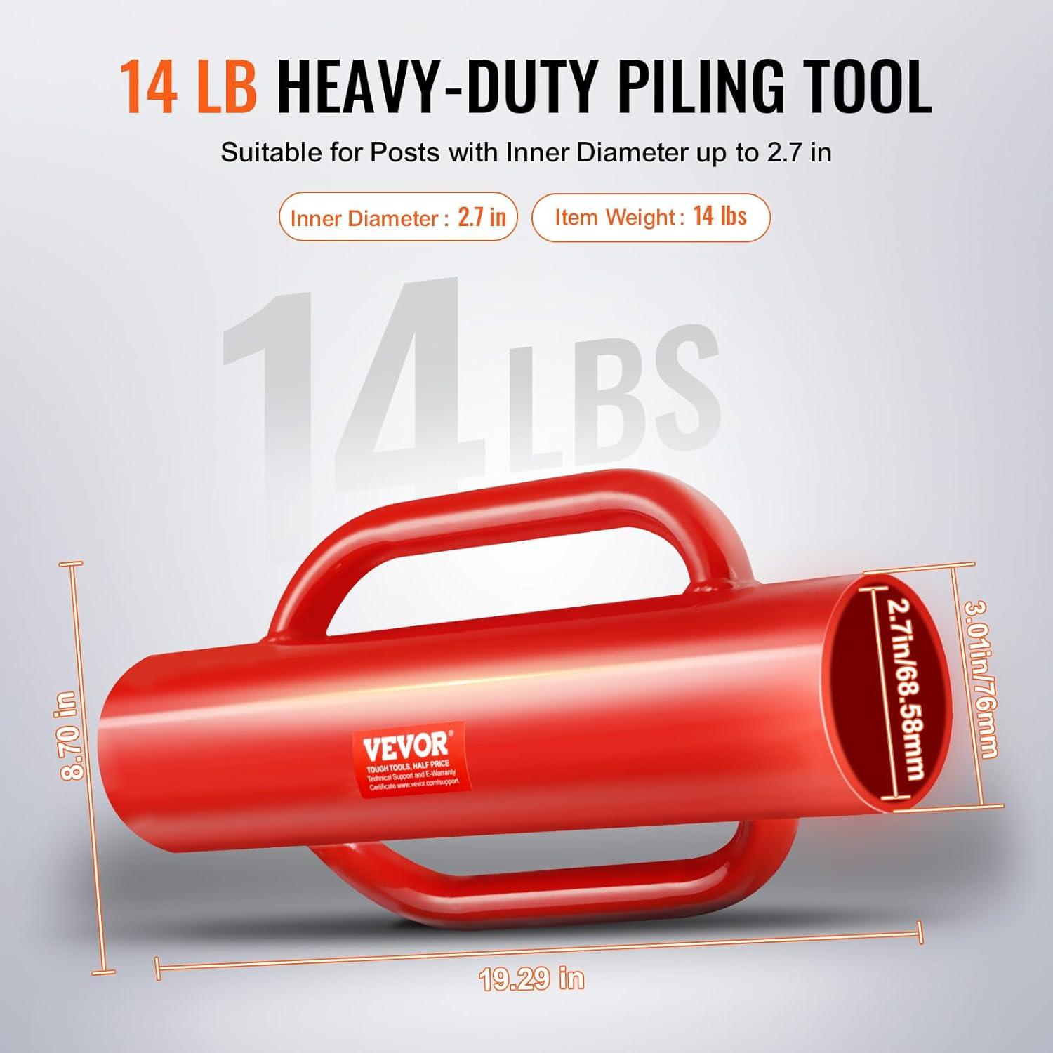 VEVOR Fence Post Driver with Handles, 4.11 in Inner Diameter T Post Pole Pounder, 22LB Heavy Duty Carbon Steel Hand Post Rammer, Farm Fencing Hole Digger for U Channel, Sign Pole, Wooden Post, Red