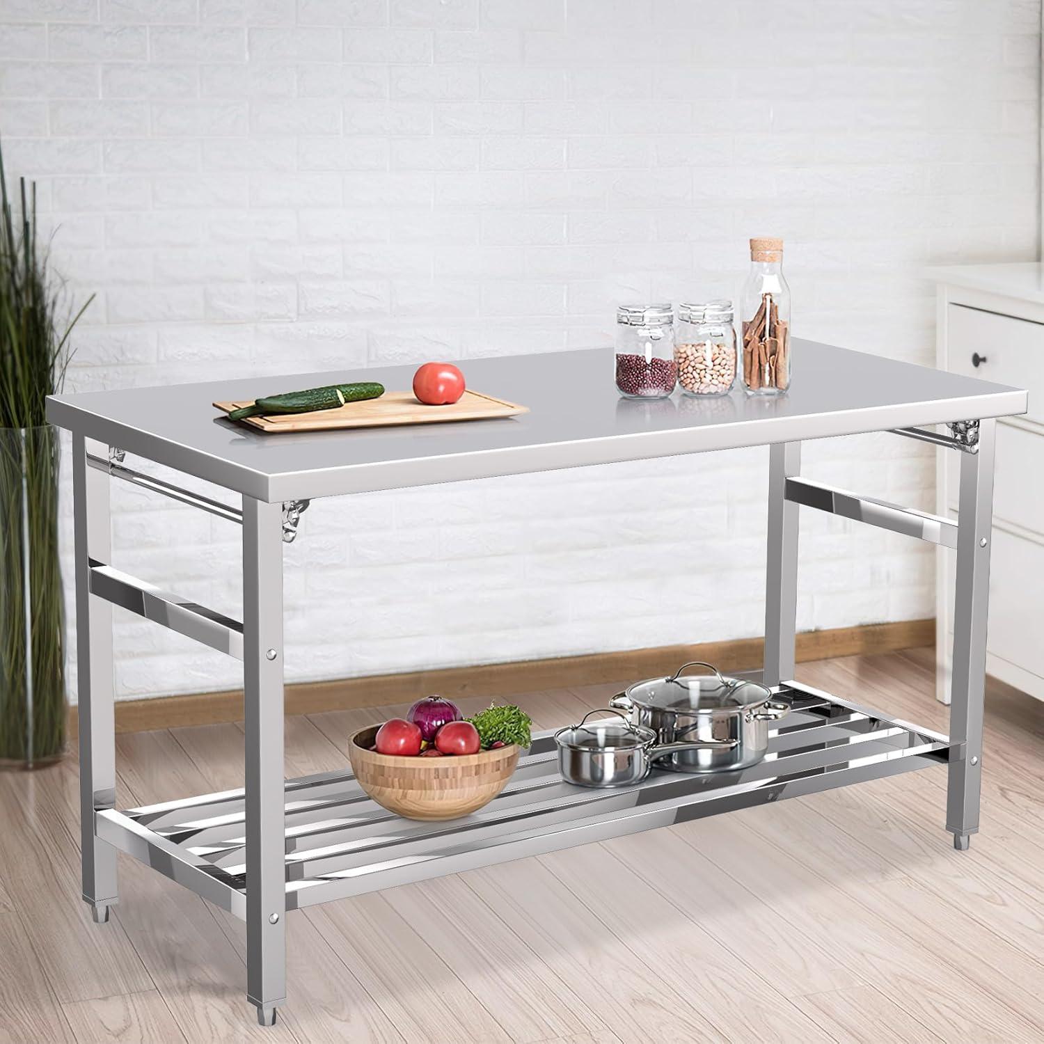 60 x 24 Inch Stainless Steel Folding Heavy Duty Table with Adjustable Undershelf for Restaurant Home and Hotel