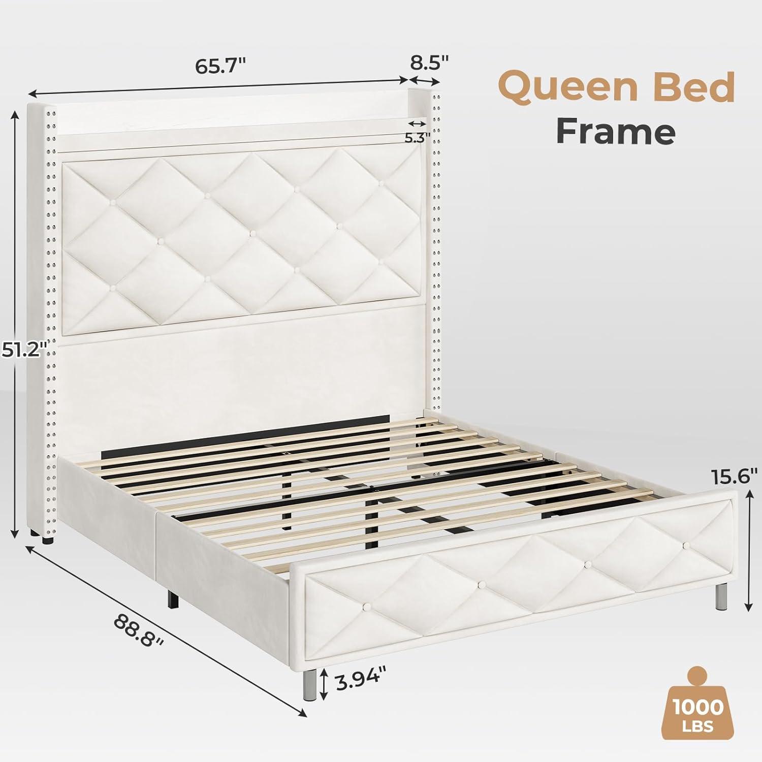 Beige Velvet Queen Bed Frame with Tall Lighted Headboard and Storage